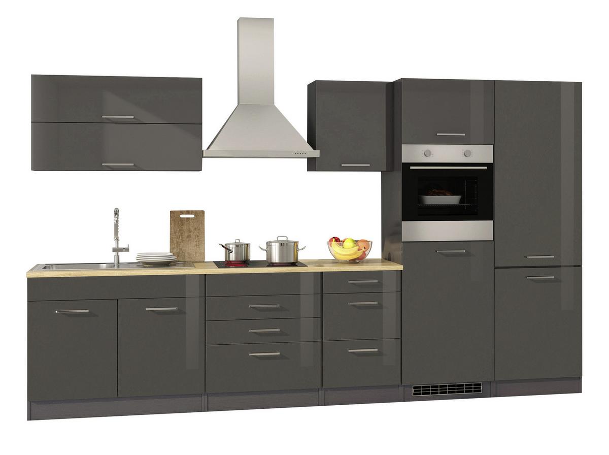 Küchenblock in Anthrazit inkl. E-Geräte 'Mailand' - Chromfarben/Eichefarben, MODERN, Holzwerkstoff/Metall (350cm) - Held