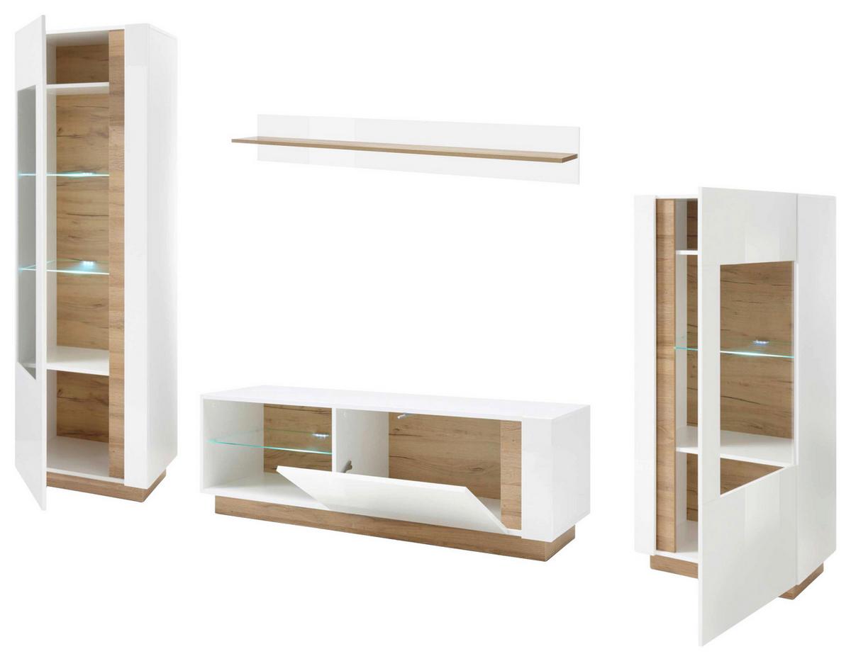 Wohnwand Clair Weiß/Eichefarben - Eichefarben/Weiß, Design, Glas/Holzwerkstoff (290/194/40cm) - MID.YOU