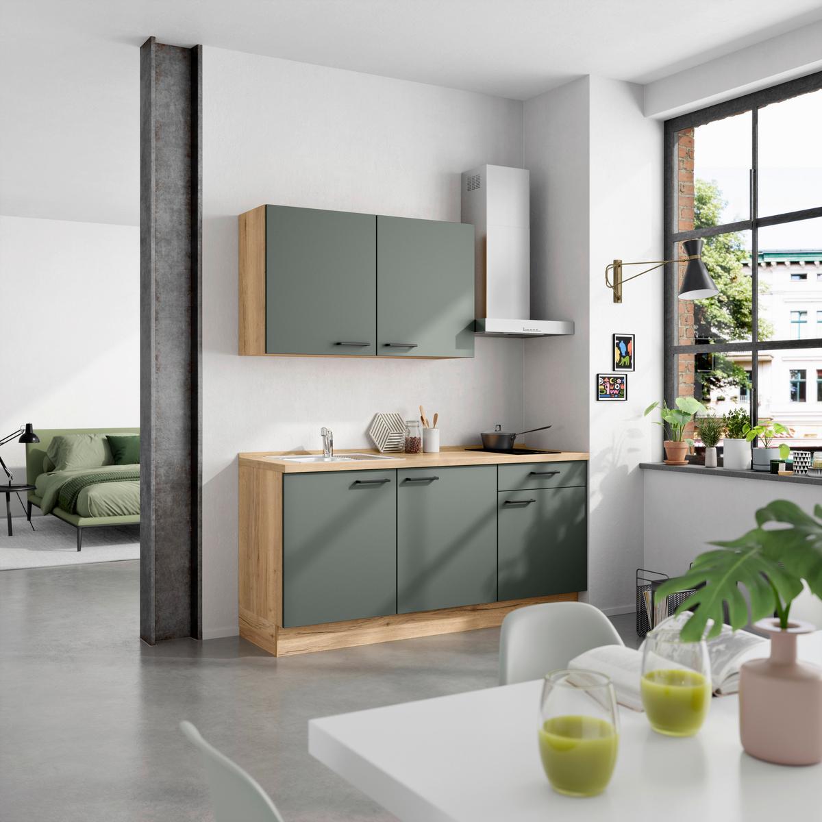 Küchenblock Easytouch Low m. Geräten Dunkelgrün - Dunkelgrün/Eichefarben, MODERN, Holzwerkstoff/Metall (180cm) - Nobilia