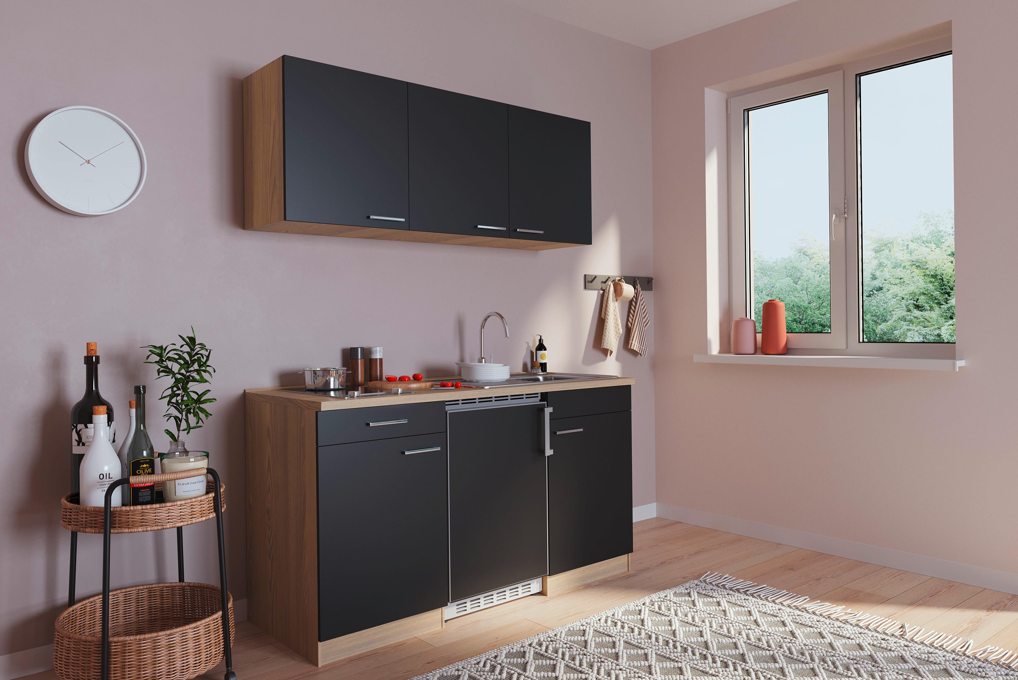 Miniküche Economy m. Geräten B: ca. 150cm Schwarz - Eichefarben/Schwarz, Basics, Holzwerkstoff (150cm) - Respekta