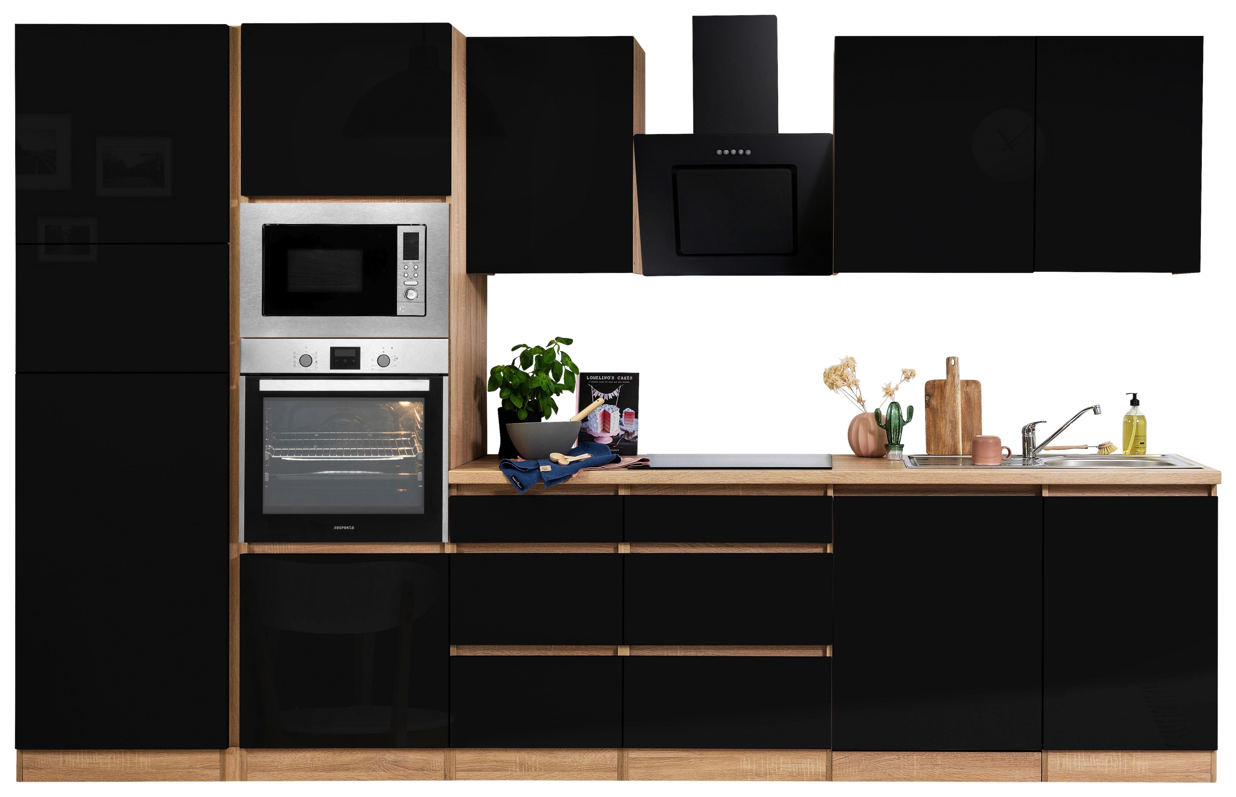 Küchenblock Lorena mit Geräten ca. 345 cm Schwarz Hochglanz - Schwarz Hochglanz/Eichefarben, Basics, Holzwerkstoff (345cm) - Respekta