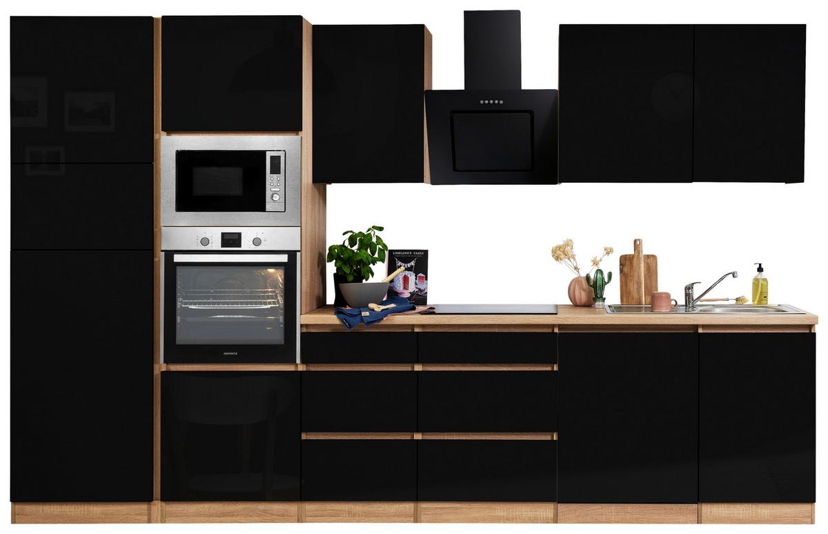 Küchenblock Lorena mit Geräten ca. 345 cm Schwarz Hochglanz - Schwarz Hochglanz/Eichefarben, Basics, Holzwerkstoff (345cm) - Respekta