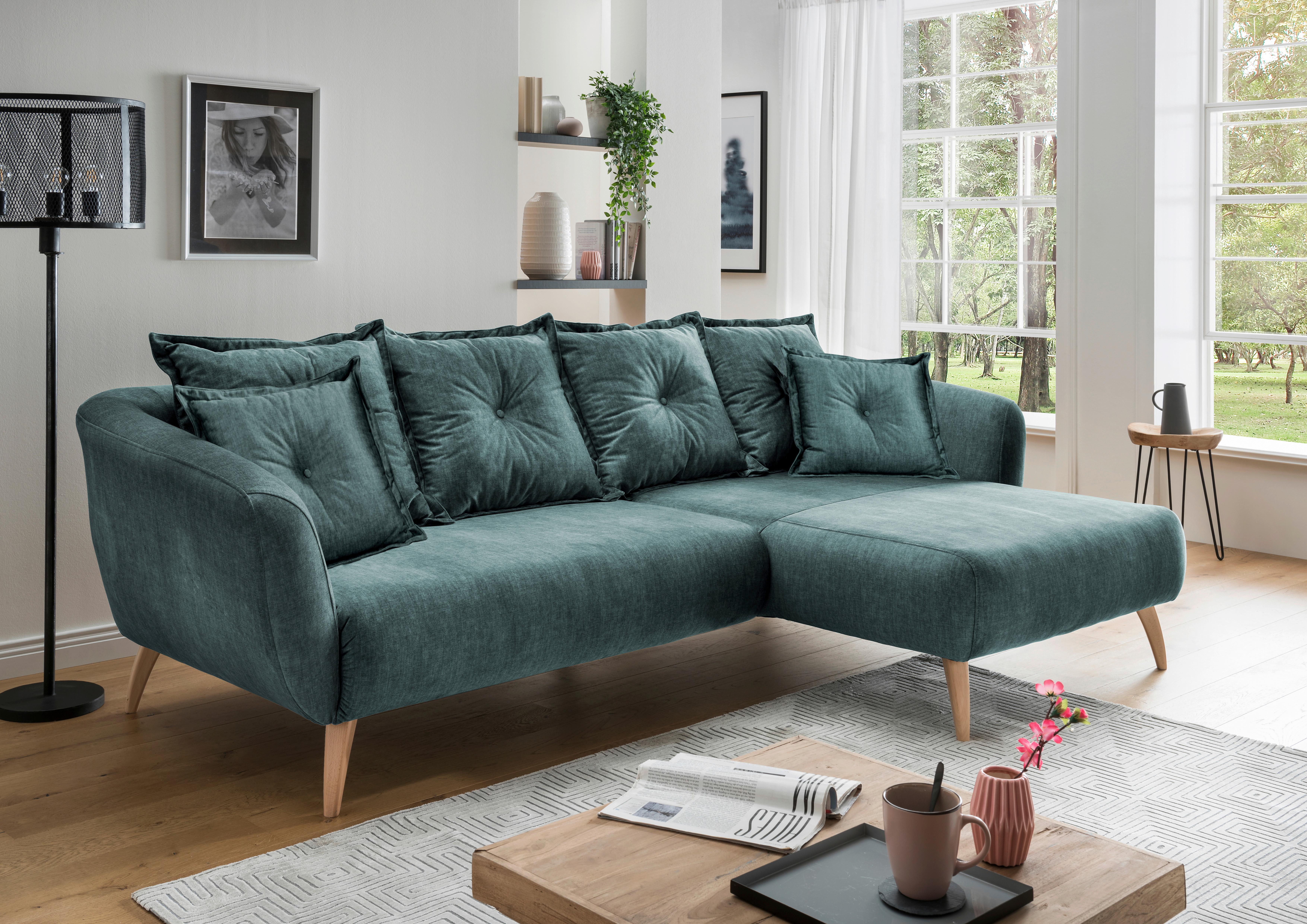 Wohnlandschaft Baggio Blau Velours - Blau/Buchefarben, MODERN, Holz/Textil (277/162cm) - Livetastic