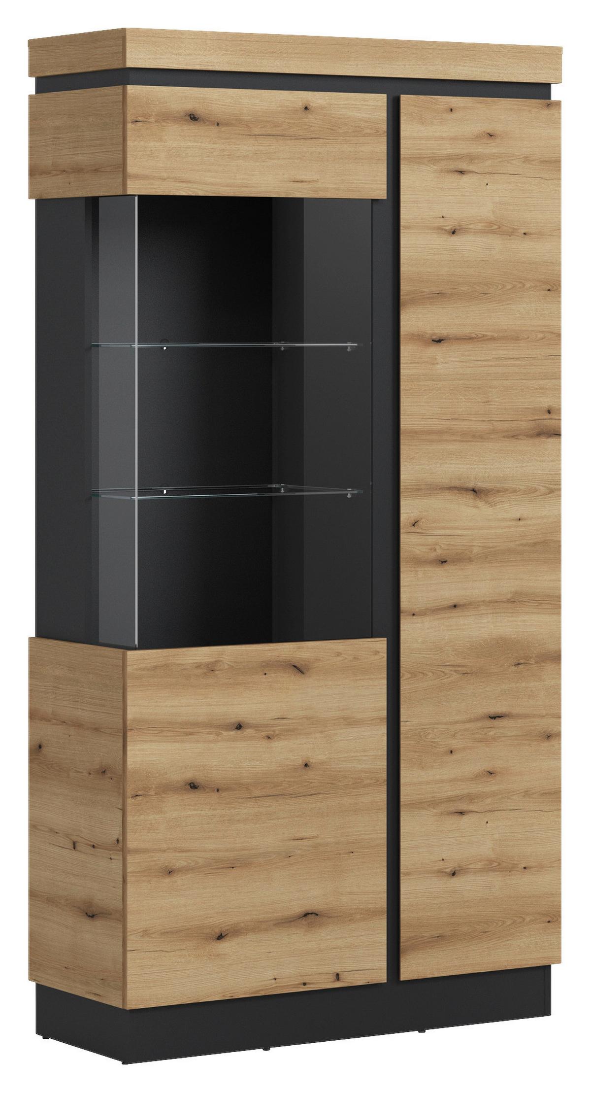 Vitrină CORTE - culoare lemn stejar/gri, Trend, sticlă/material pe bază de lemn (103,6/200,5/40cm) - Modern Living