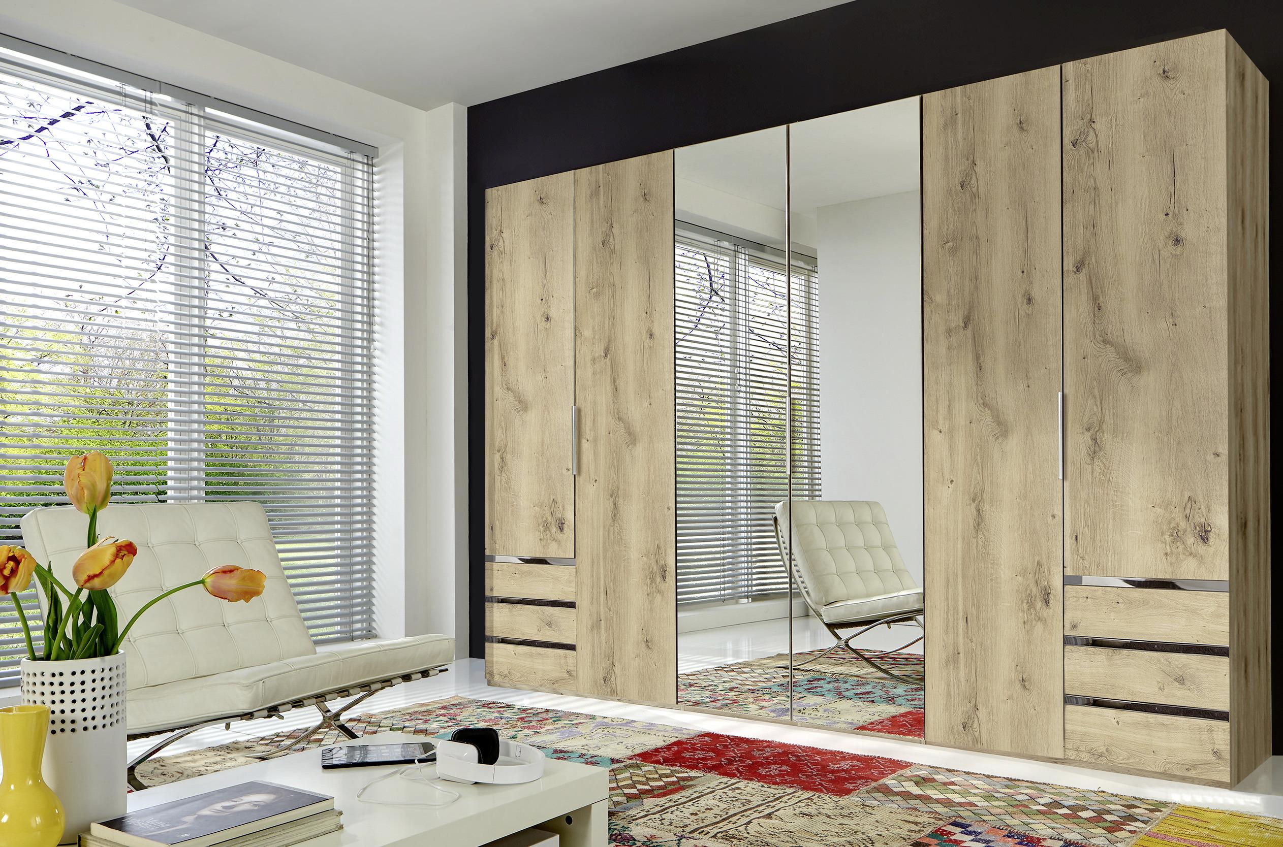 Drehtürenschrank Level 36A mit Spiegel ca. 300 cm Eiche Dekor - Chromfarben/Eichefarben, MODERN, Glas/Holzwerkstoff (300/216/58cm) - MID.YOU