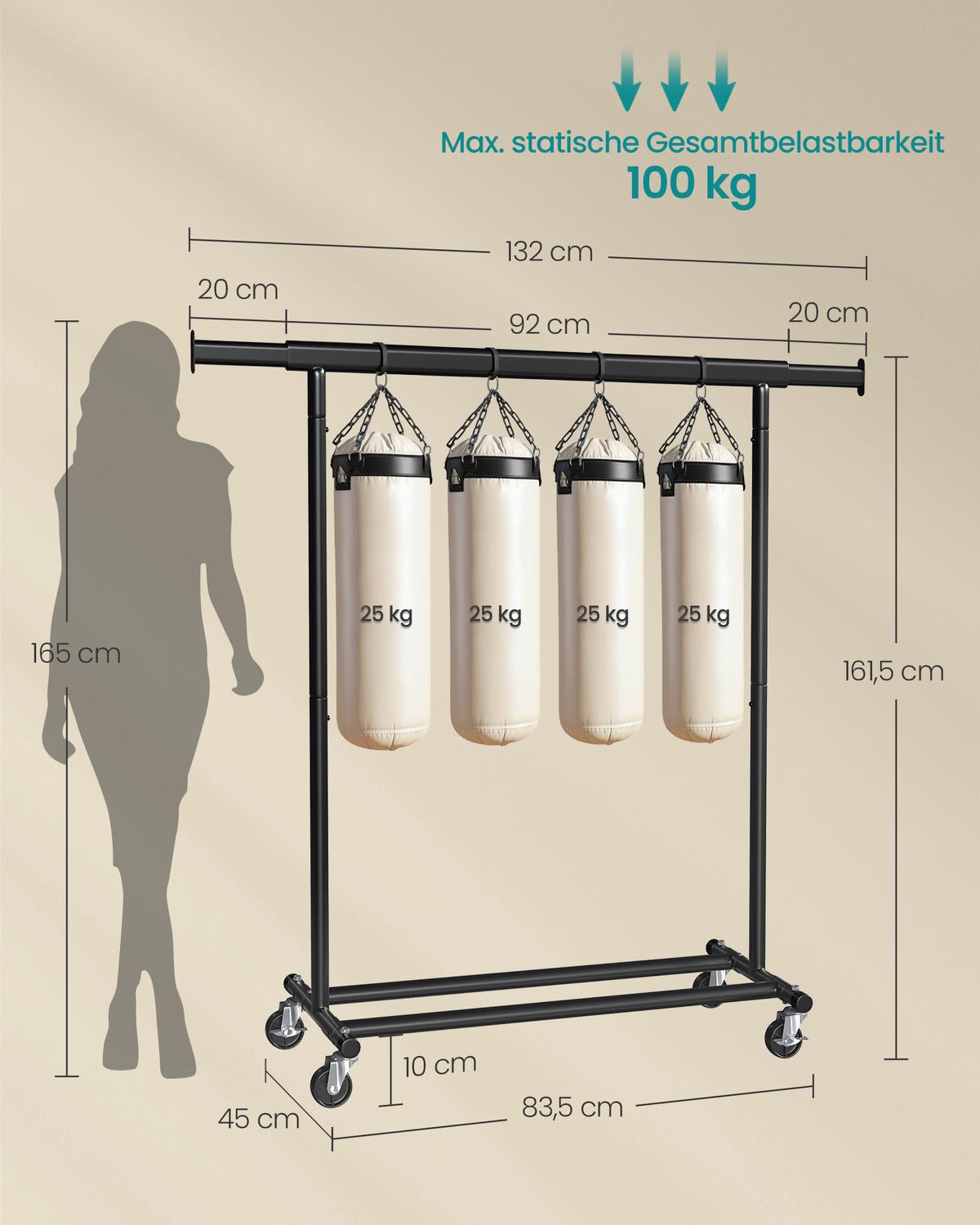 Kleiderwagen Schwarz mit 4 Rollen - Schwarz, Basics, Metall (92-132/45/161,5cm)