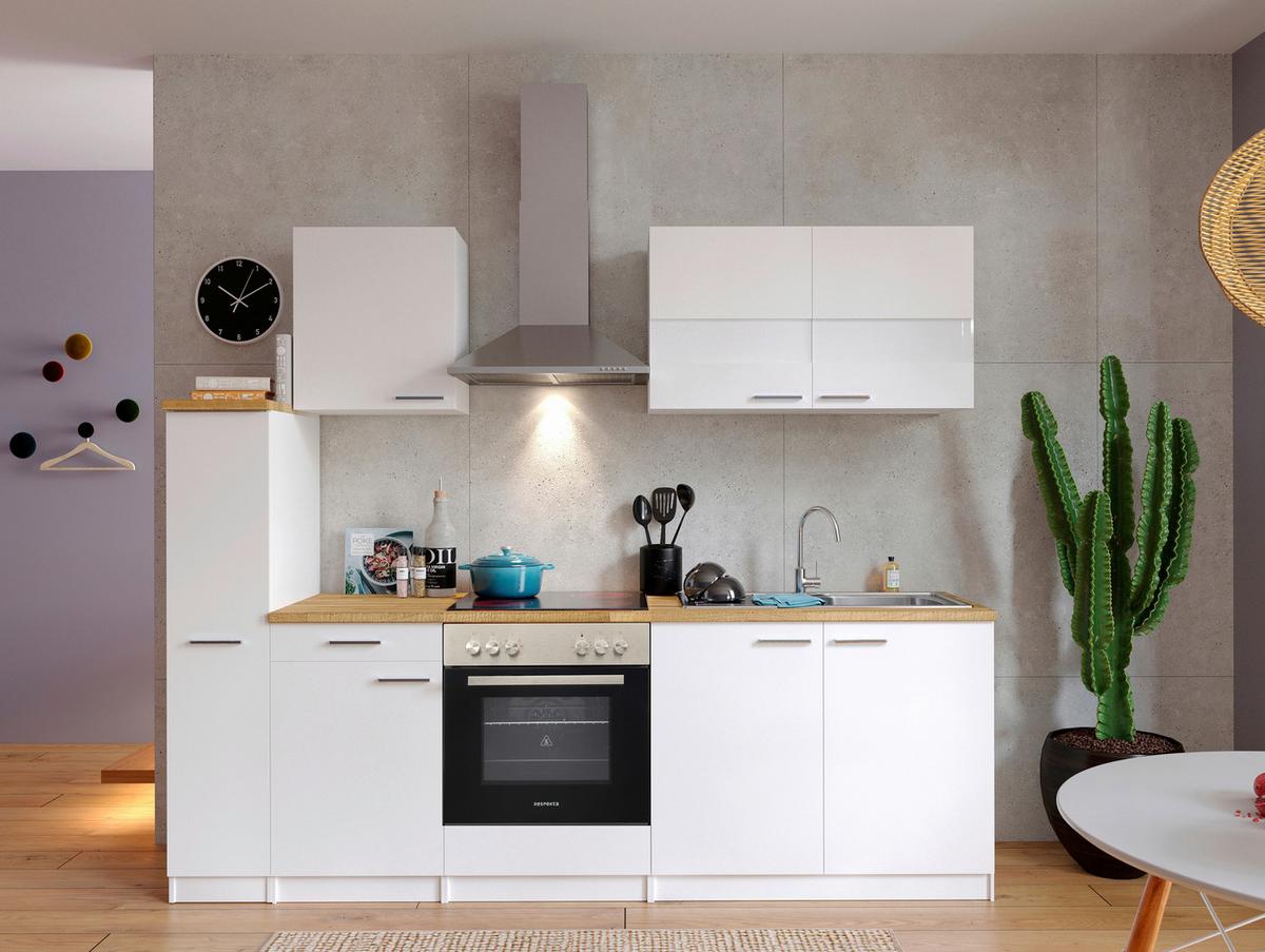 Küchenblock Malia mit Geräten ca. 240 cm Weiß - Edelstahlfarben/Nussbaumfarben, Basics, Holzwerkstoff/Metall (240cm) - Respekta