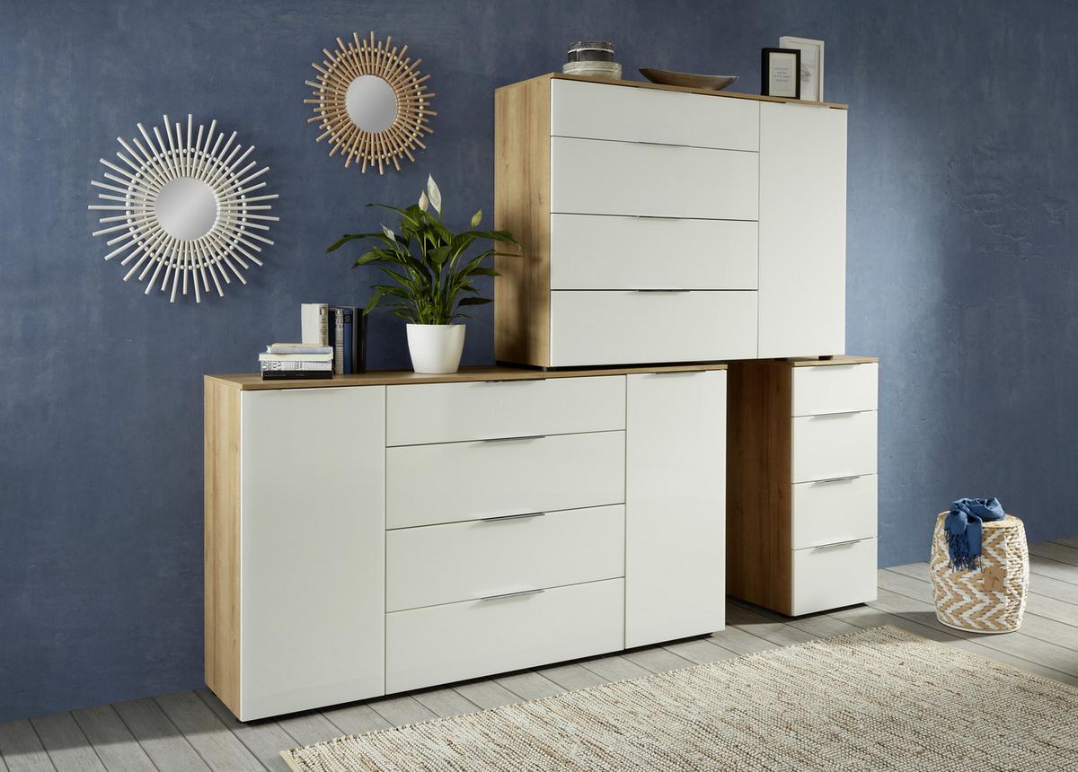 Comodă Trend - alb/culoare lemn stejar, Modern, sticlă/lemn (45/100/40cm) - Premium Living