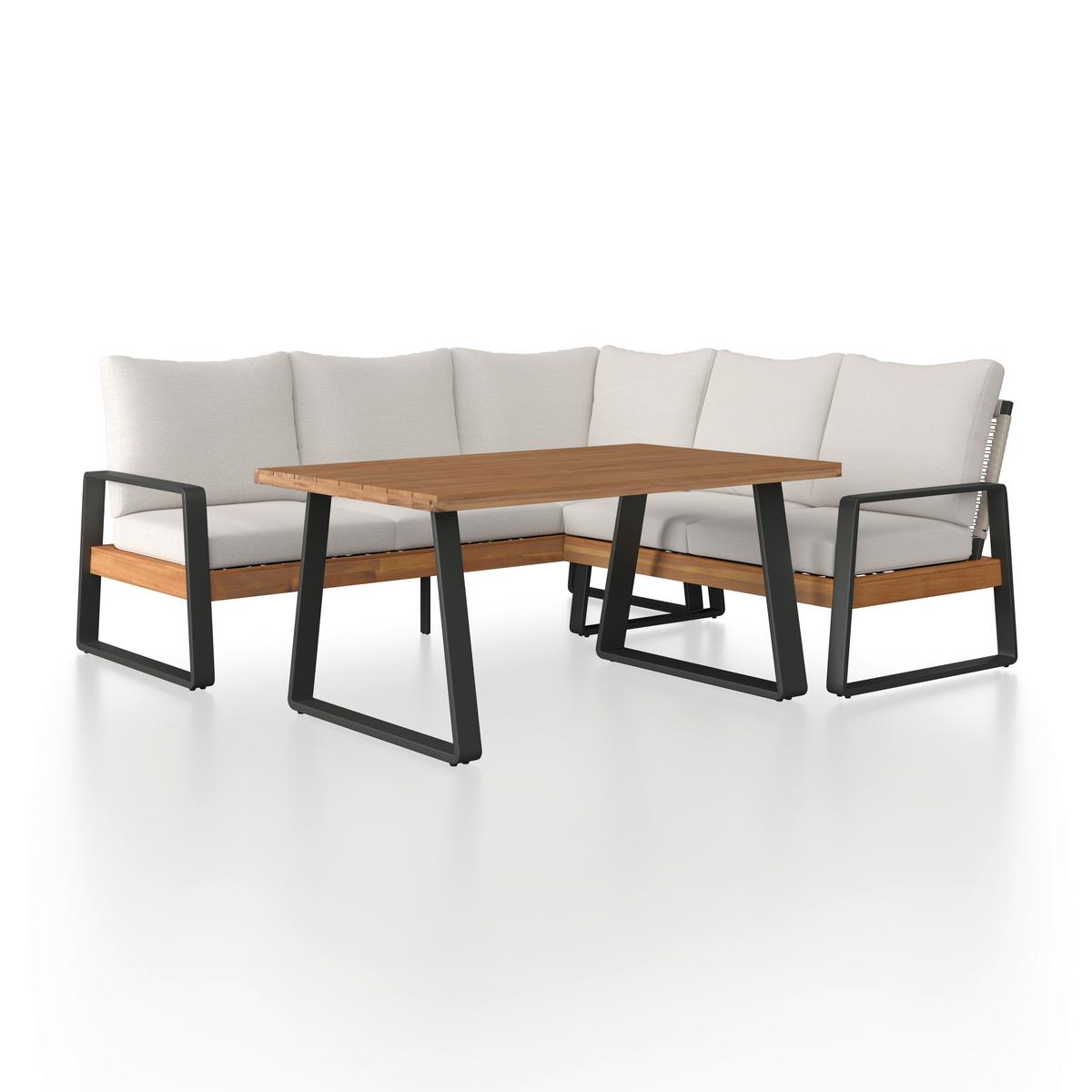 Dining-Loungeset Alexa Holz Outdoorstoff/Metall +Abdeckung - Anthrazit/Creme, MODERN, Holz/Textil (208,5/81/85,5cm) - Bessagi Garden