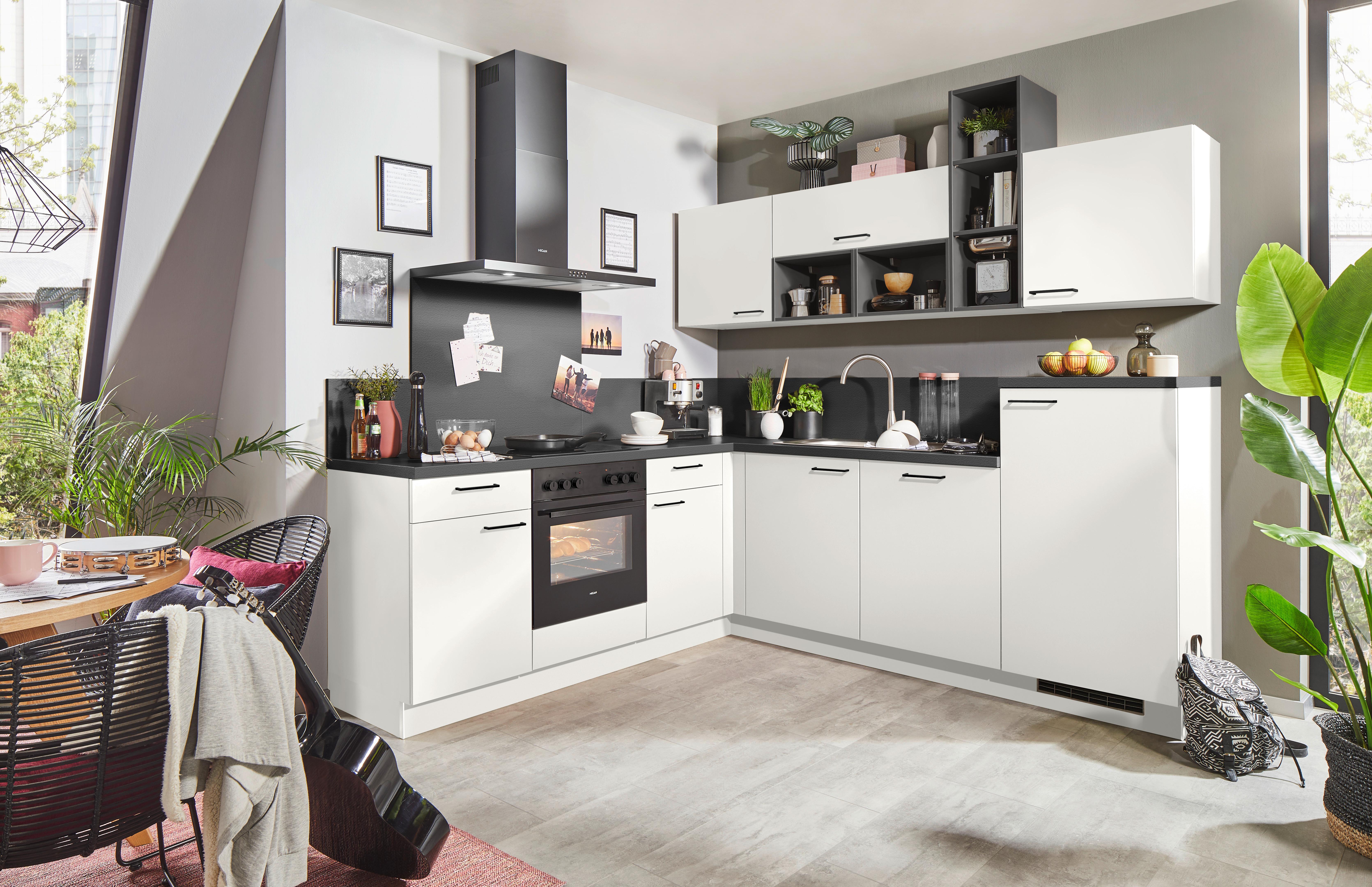 Eckküche Win o. Geräte ca. 225x245cm Weiß - Anthrazit/Schwarz, Holzwerkstoff/Metall (225/245cm) - Express-Kuechen