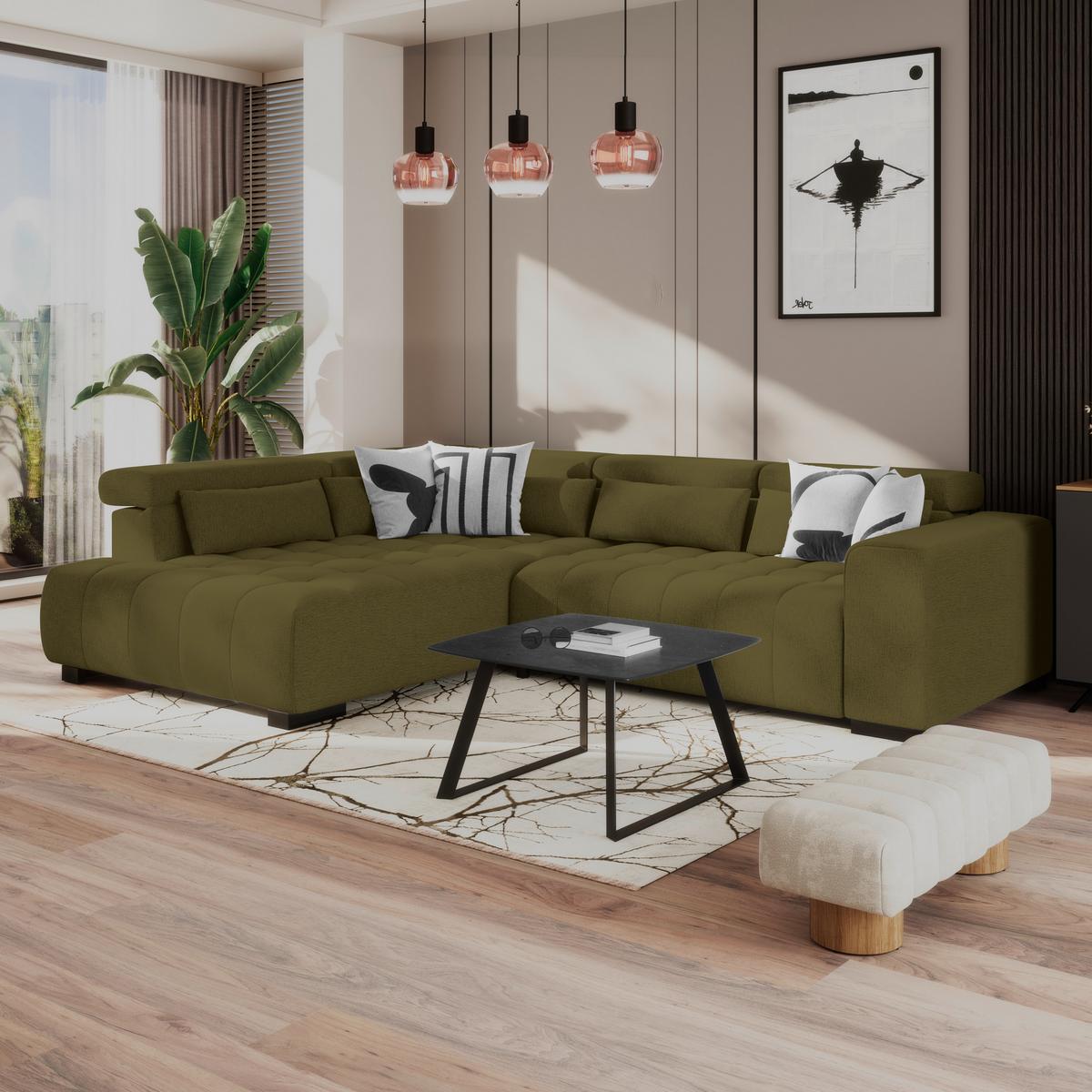 Kutna Garnitura Matera - maslinasto zelena/crna, Trend, tekstil/drvo (226/311cm)