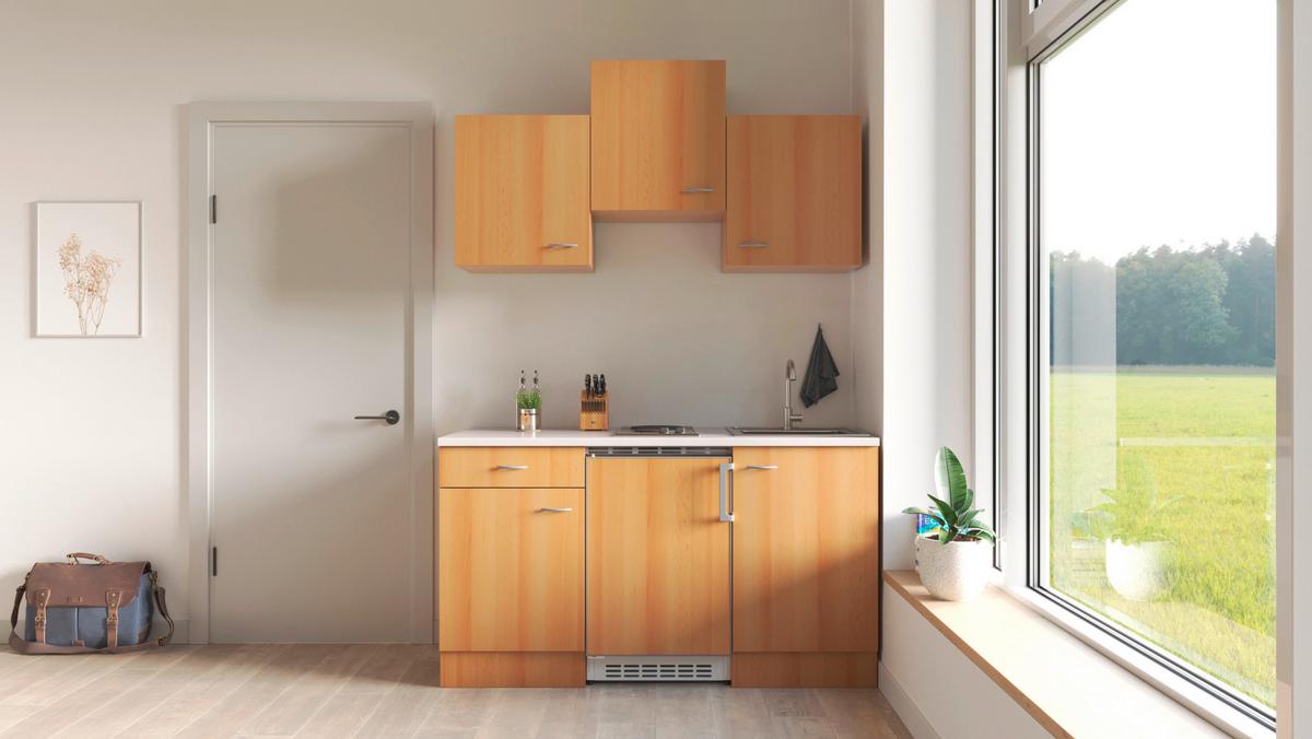 Miniküche Nano m. Geräten B: ca. 150cm Buchefarben - Edelstahlfarben/Beige, MODERN, Holzwerkstoff/Kunststoff (150cm) - FlexWell