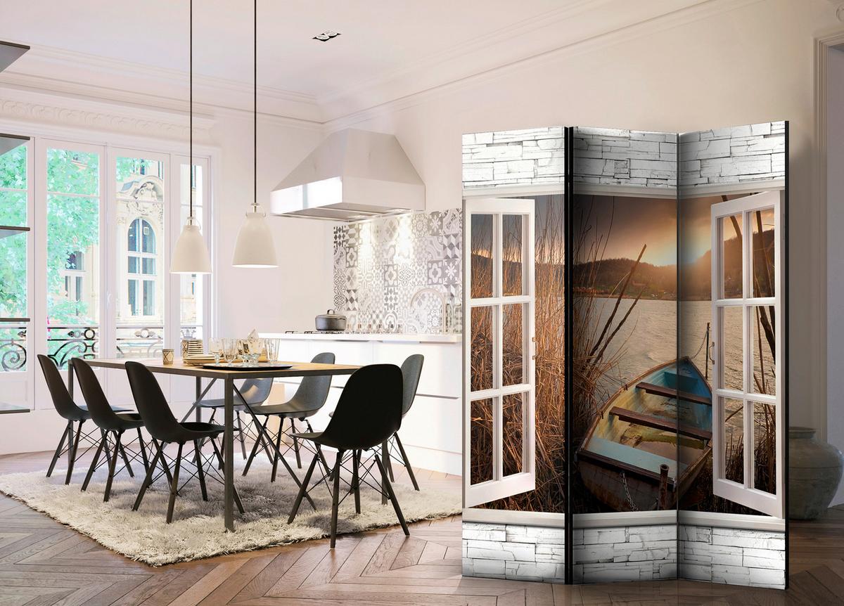 Paravan Autumnal Lake, 3-Delni, Dvostranski - bela/barve konjaka, Basics, tekstil/les (135/172/3cm) - artgeist