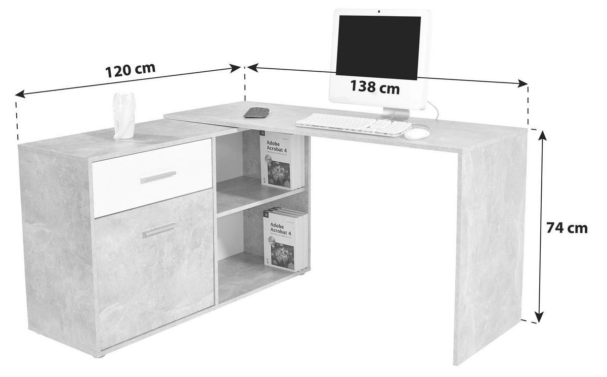 Kotna Pisalna Miza Prag 138 - bela/barve aluminija, Moderno, umetna masa/leseni material (138/74/50cm)