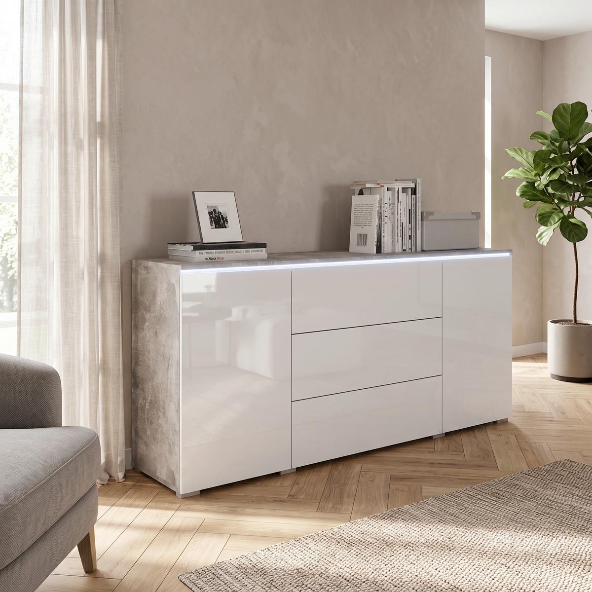 Sideboard Vera mit LED ca. 150 cm Weiß Hochgl./Grau - Weiß Hochglanz/Grau, LIFESTYLE, Holzwerkstoff/Kunststoff (150/67,9/39,5cm) - P & B