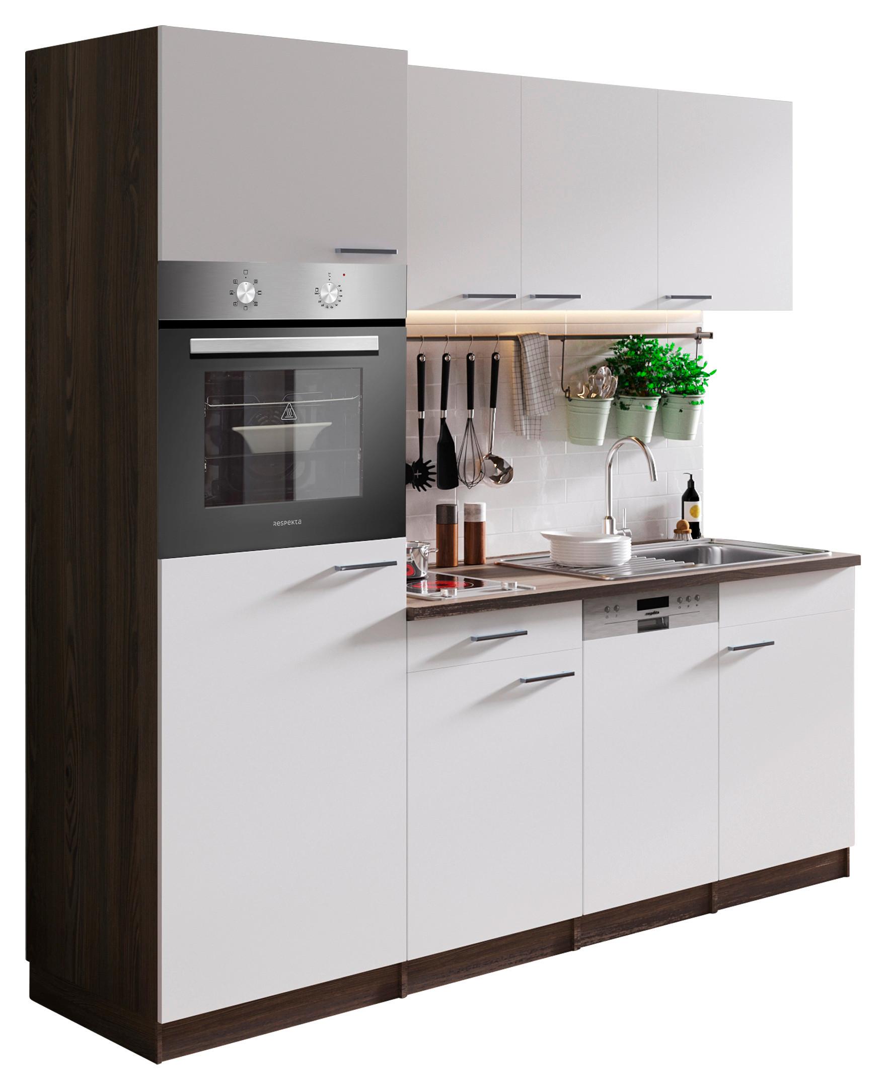 Küchenblock Oliver mit Geräten ca. 205 cm Weiß - Eichefarben/Alufarben, Basics, Holzwerkstoff/Kunststoff (205cm) - Respekta