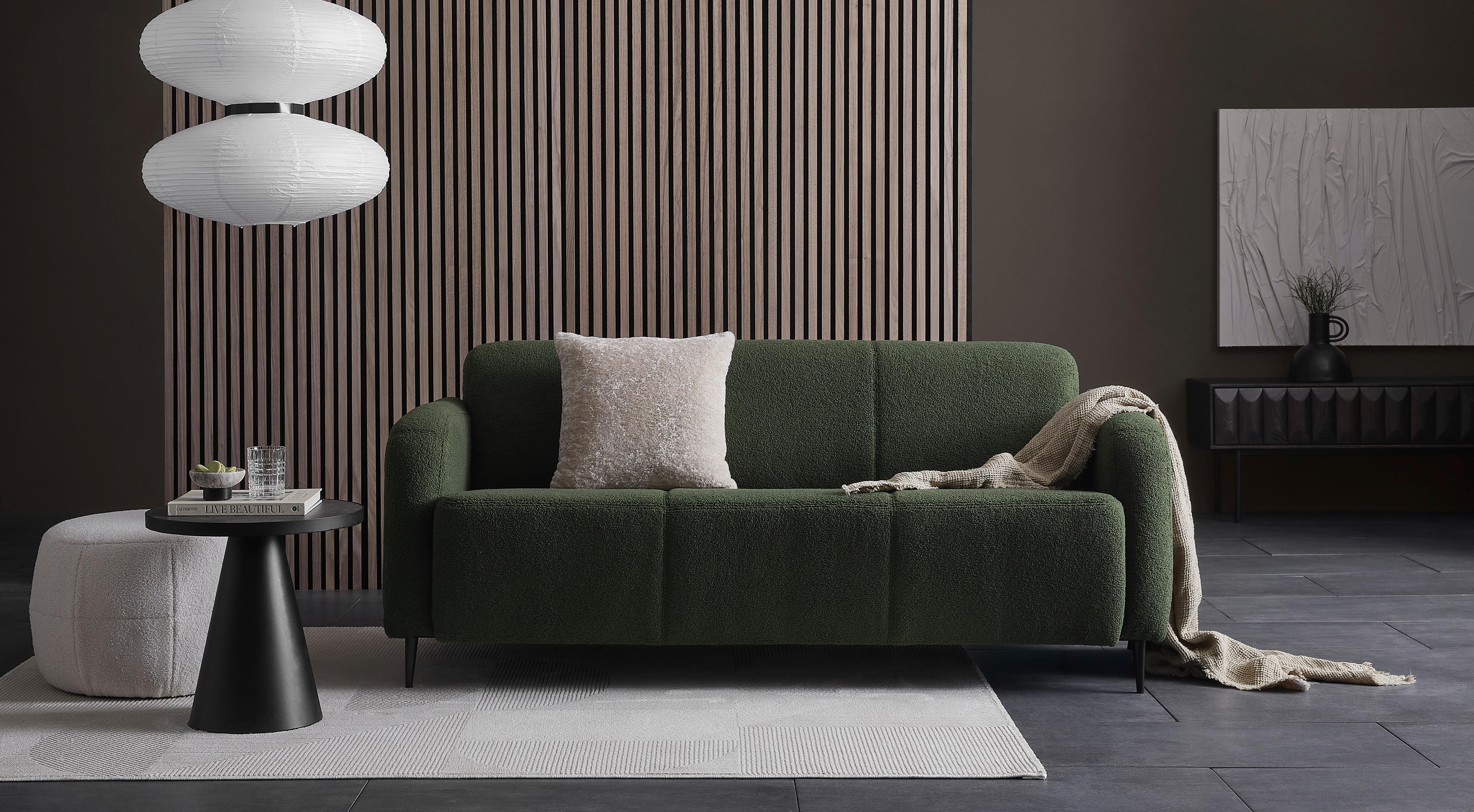 3-Sitzer-Sofa Marone Dunkelgrün Teddystoff - Dunkelgrün/Schwarz, MODERN, Textil/Metall (180/76/90cm) - Livetastic