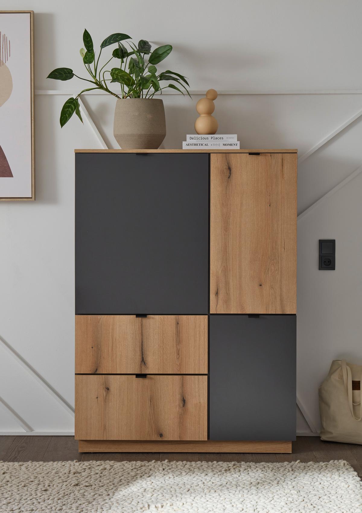 Visoka Komoda Vince Ii, Antracit, Barva Hrasta - črna/barve hrasta, Trend, umetna masa/leseni material (103/142/38cm) - Livetastic