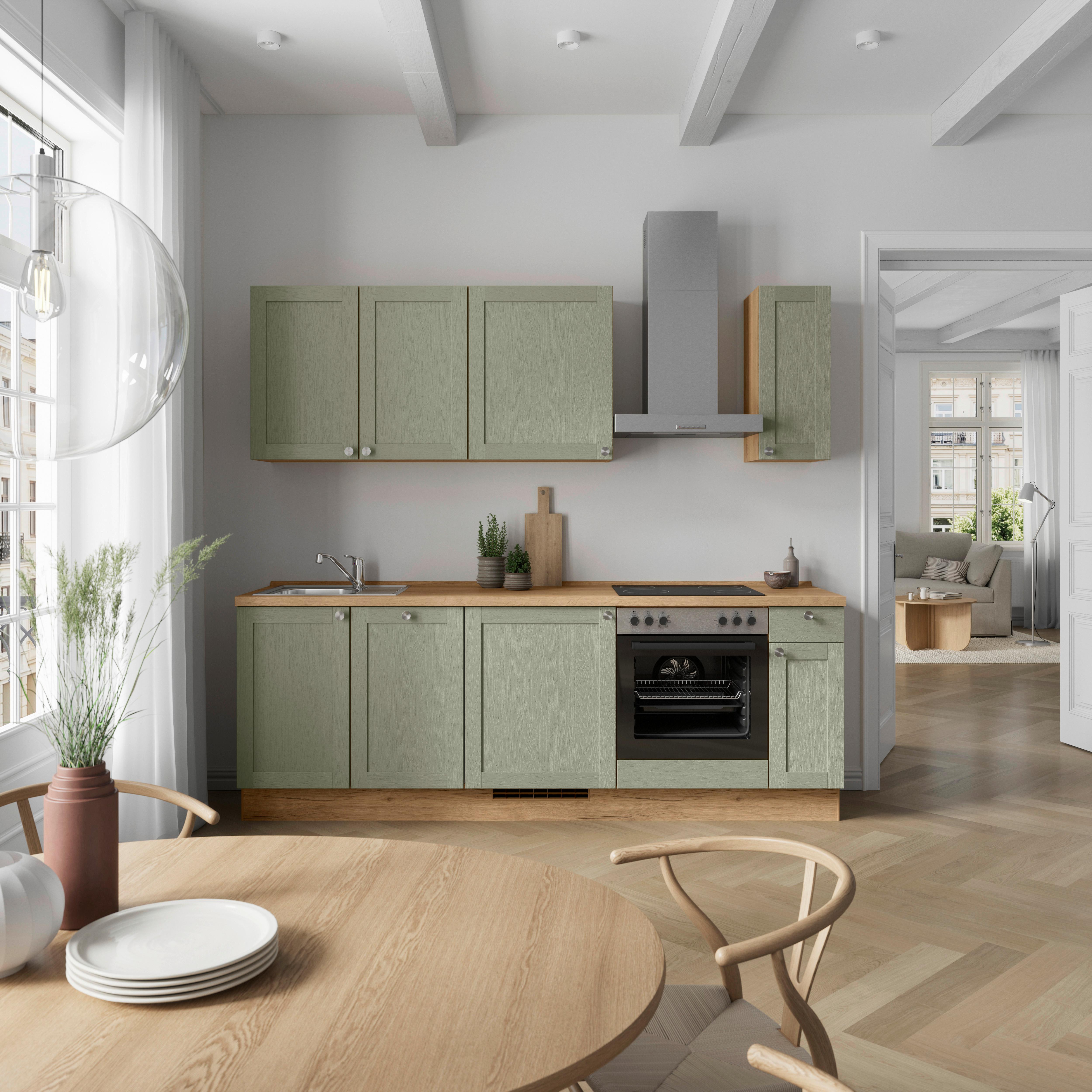 Küchenleerblock Frame Low o. Geräte Olivgrün - Edelstahlfarben/Eichefarben, MODERN, Holzwerkstoff/Metall (240cm) - Nobilia