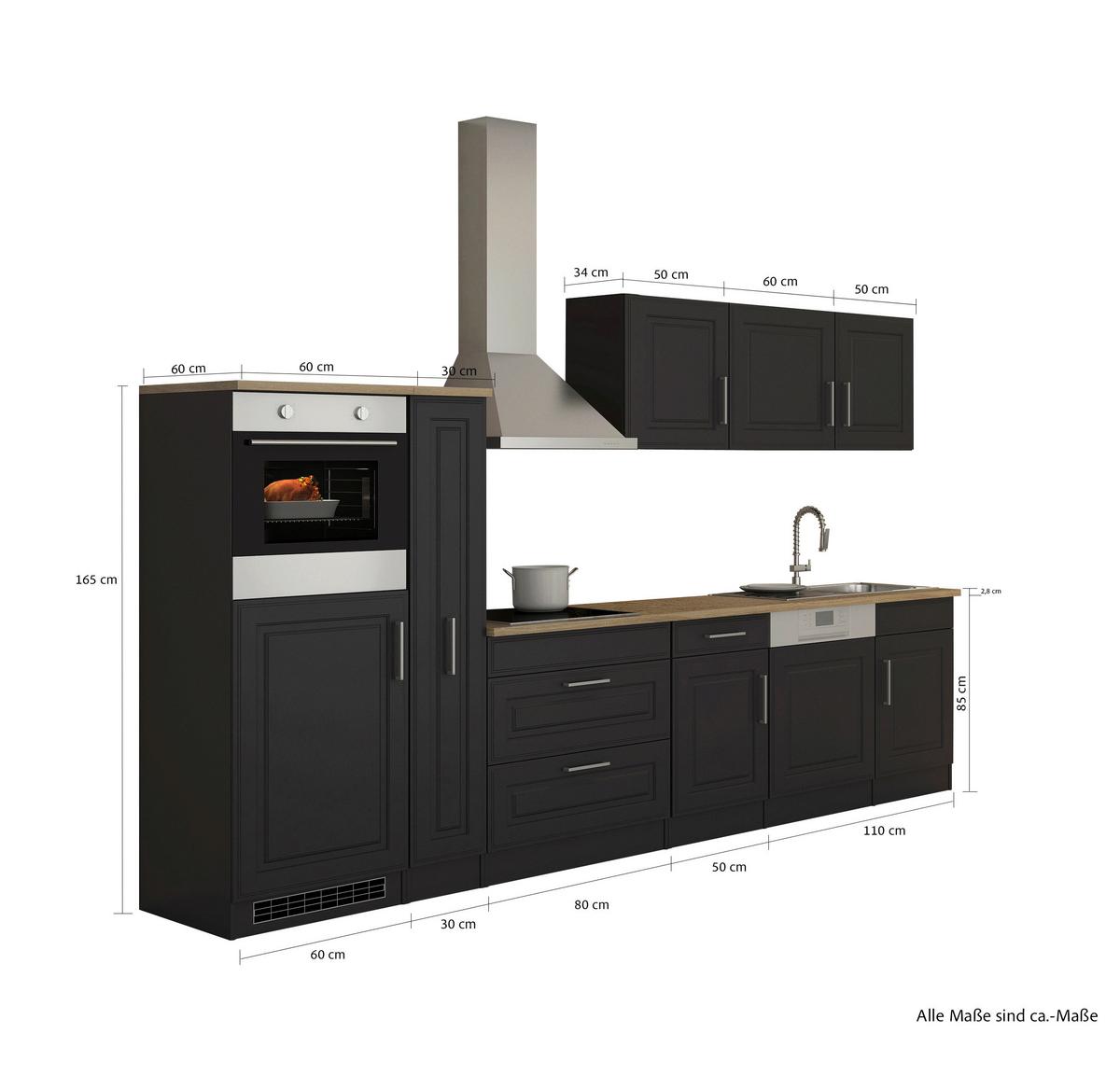 Küchenblock Rom m. Geräten Graphit/Eiche - Graphitfarben/Alufarben, MODERN, Holzwerkstoff/Metall (330cm) - Held