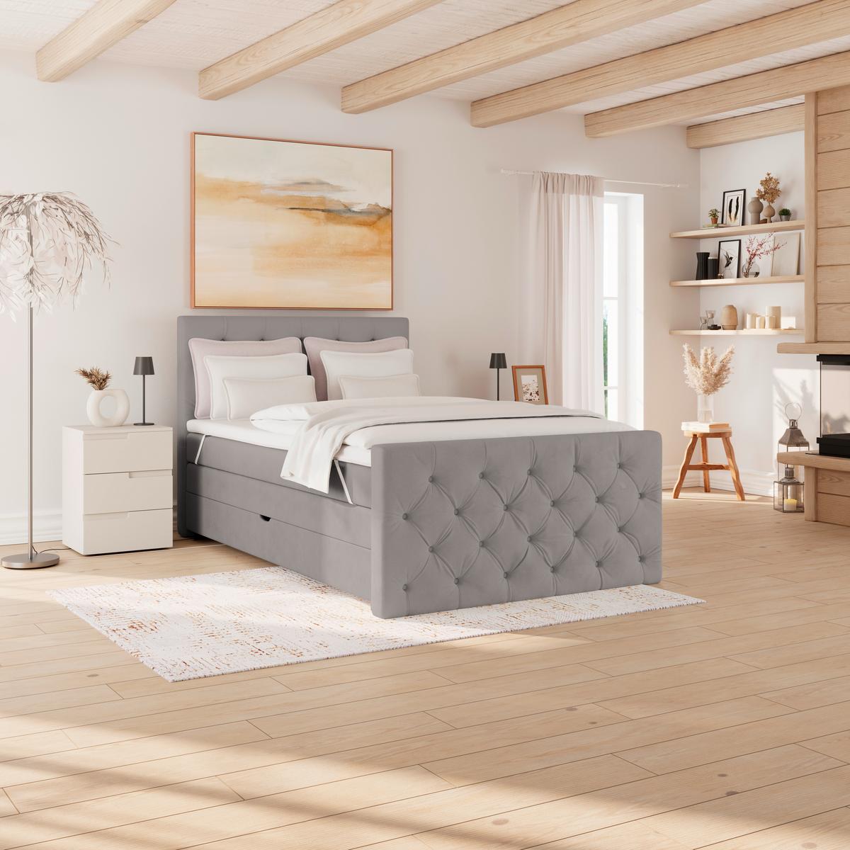 Boxspring Krevet Elio - srebrne boje/bež, Romantično / ladanjski, tekstil/plastika (140/200cm) - Modern Living