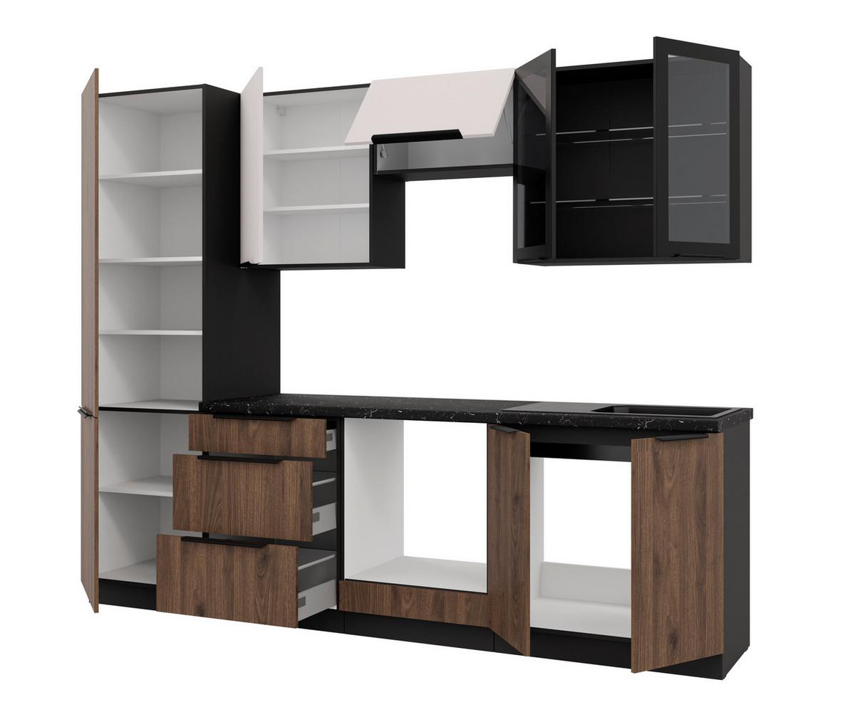 Bucatarie fara electrocasnice MONZA/ARONA - cașmir/culoare lemn de nuc, Modern, sticlă/material pe bază de lemn (260/210/60cm) - Modern Living