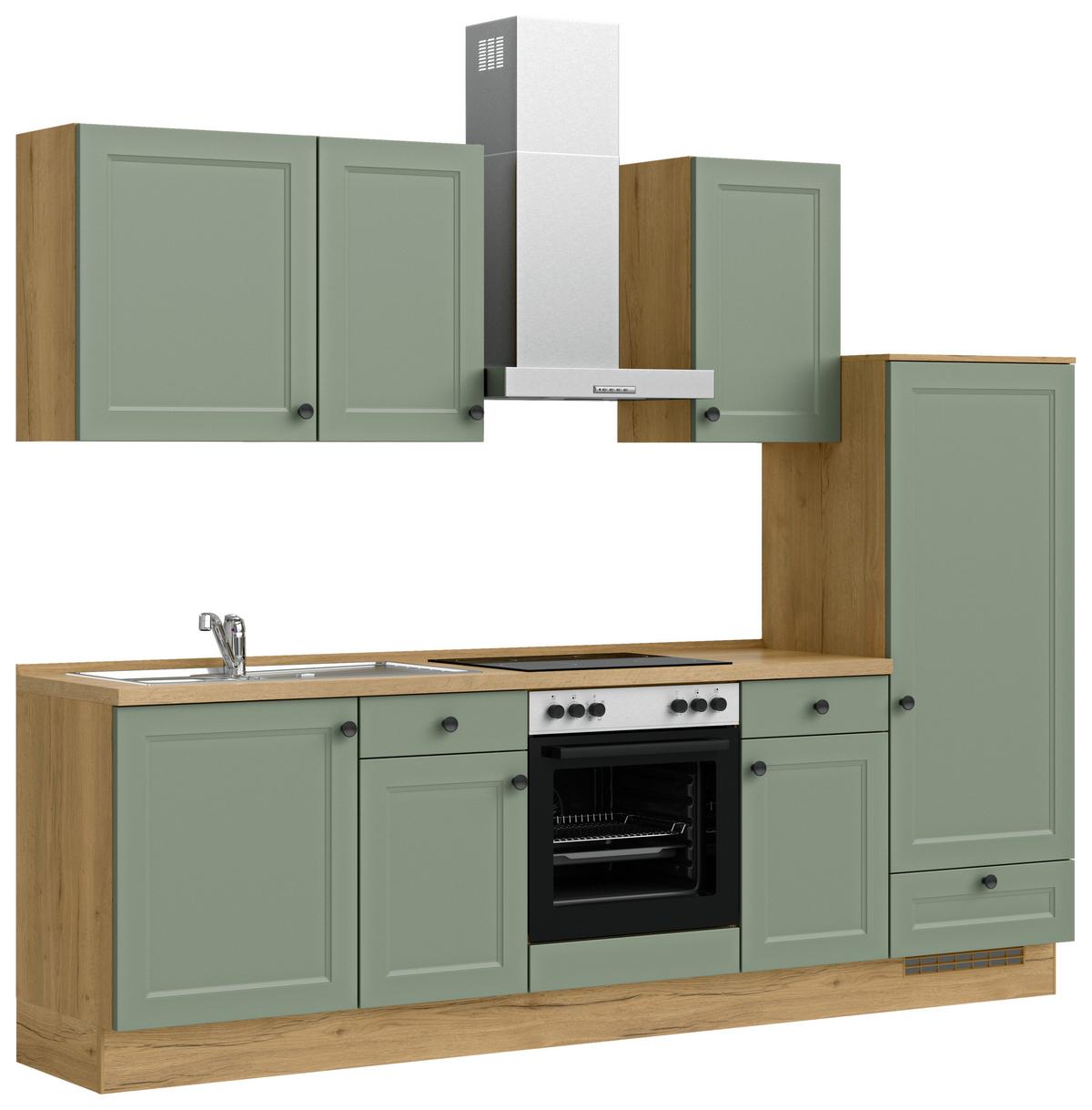 Küchenblock Cascada Low m. Geräten Schilfgrün - Schilfgrün/Eichefarben, MODERN, Holzwerkstoff/Metall (270cm) - Nobilia