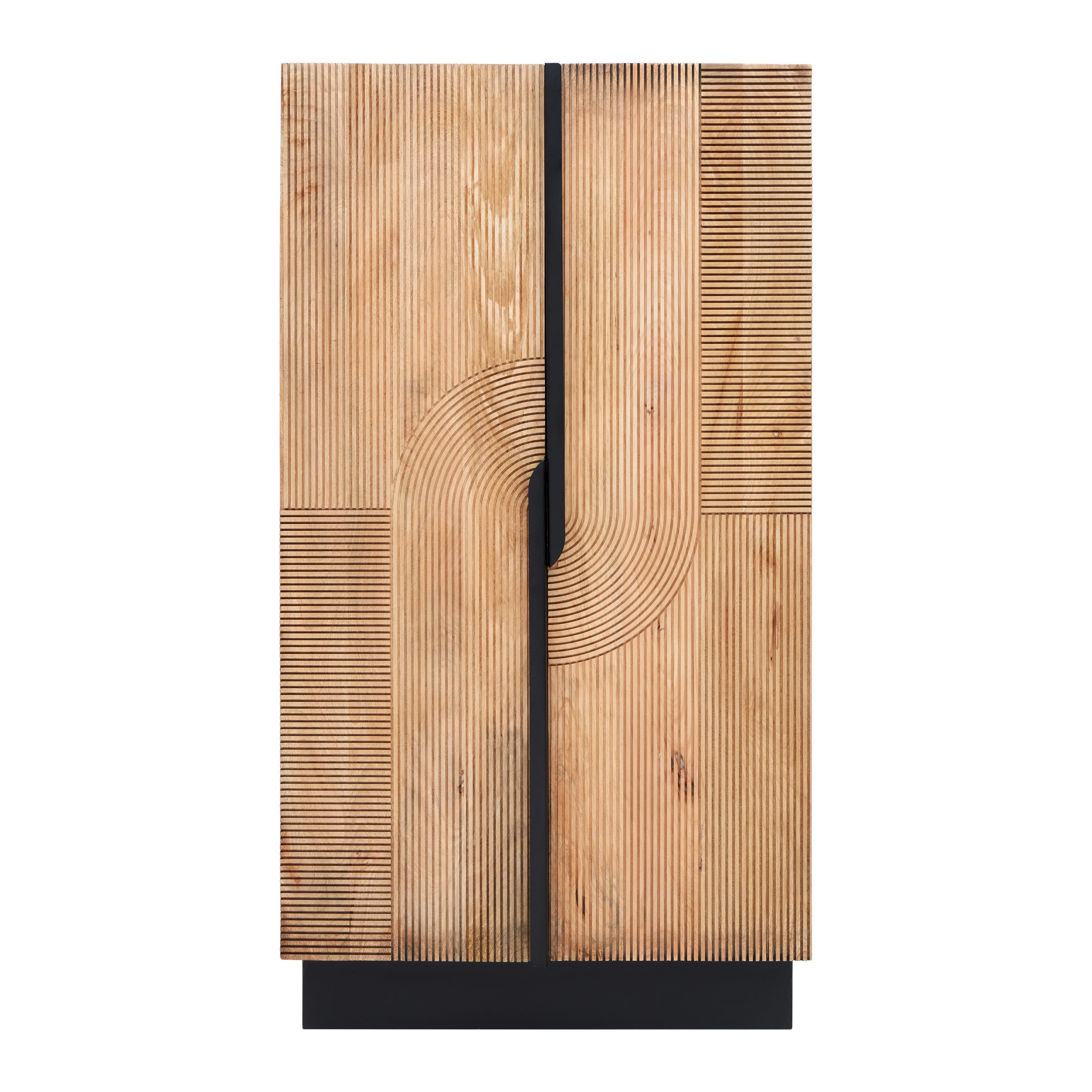 Barschrank Arian aus Mangoholz in Naturfarben/Schwarz - Schwarz/Naturfarben, MODERN, Holz/Metall (85/155/42cm) - Zandiara
