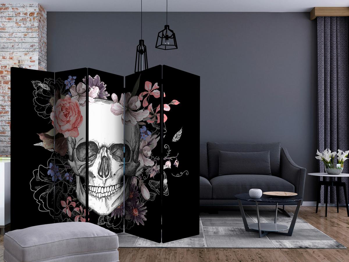 Paravan Skull And Flowers I, 5-Delni, Dvostranski - večbarvno, Basics, tekstil/les (225/172/3cm) - artgeist