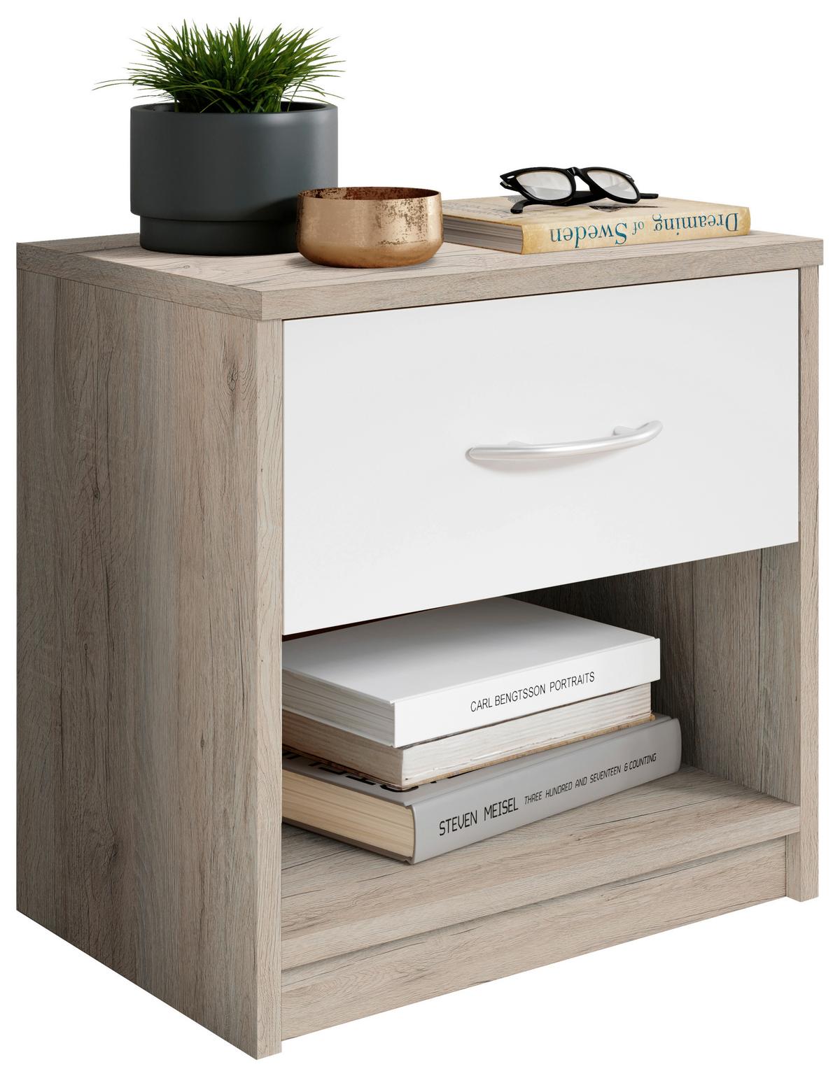 Nachtkästchen Fair Weiß/Eiche San Remo - Silberfarben/Schwarz, KONVENTIONELL, Holzwerkstoff/Kunststoff (39/41/28cm) - Based