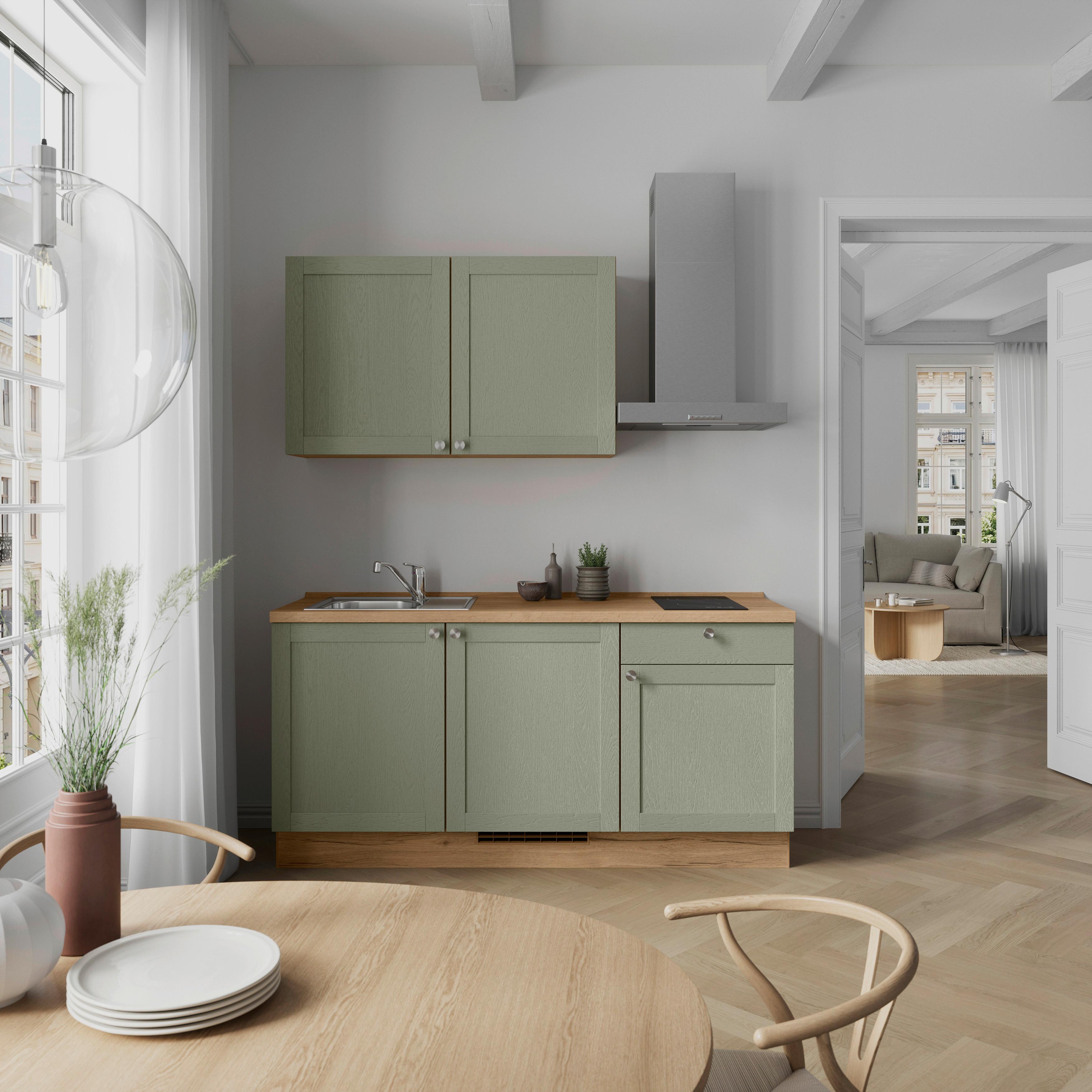 Küchenleerblock Frame Low o. Geräte Olivgrün - Edelstahlfarben/Eichefarben, MODERN, Holzwerkstoff/Metall (180cm) - Nobilia