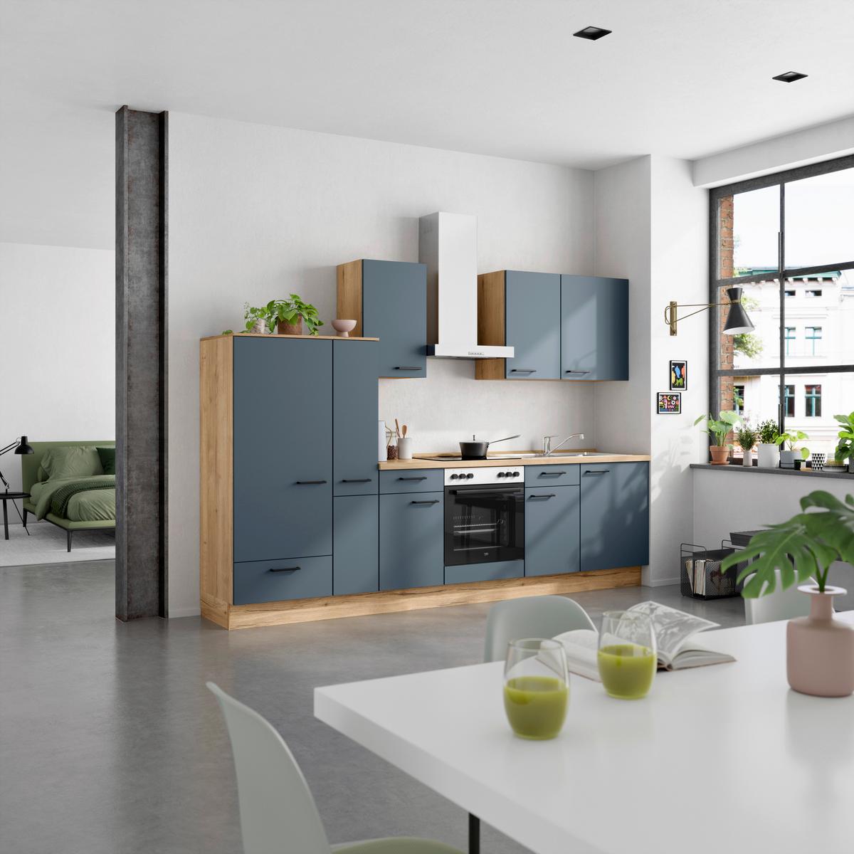 Küchenleerblock Easytouch Low o. Geräte Blau - Blau/Eichefarben, MODERN, Holzwerkstoff/Metall (300cm) - Nobilia