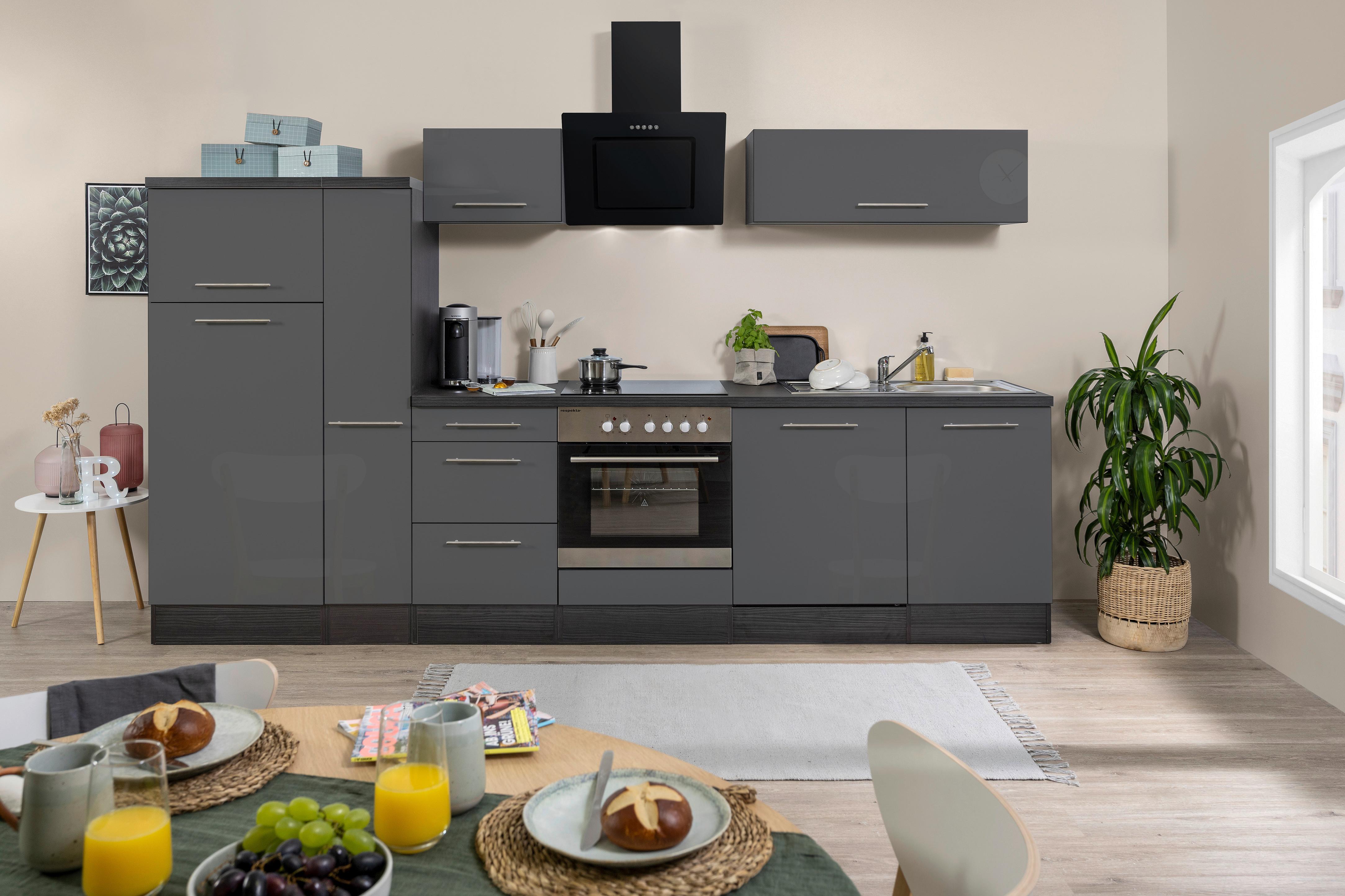 Küchenzeile mit Geräte Grau/Eichefarben B: ca. 310 cm - Edelstahlfarben/Eichefarben, Basics, Holzwerkstoff/Metall (310cm) - Respekta