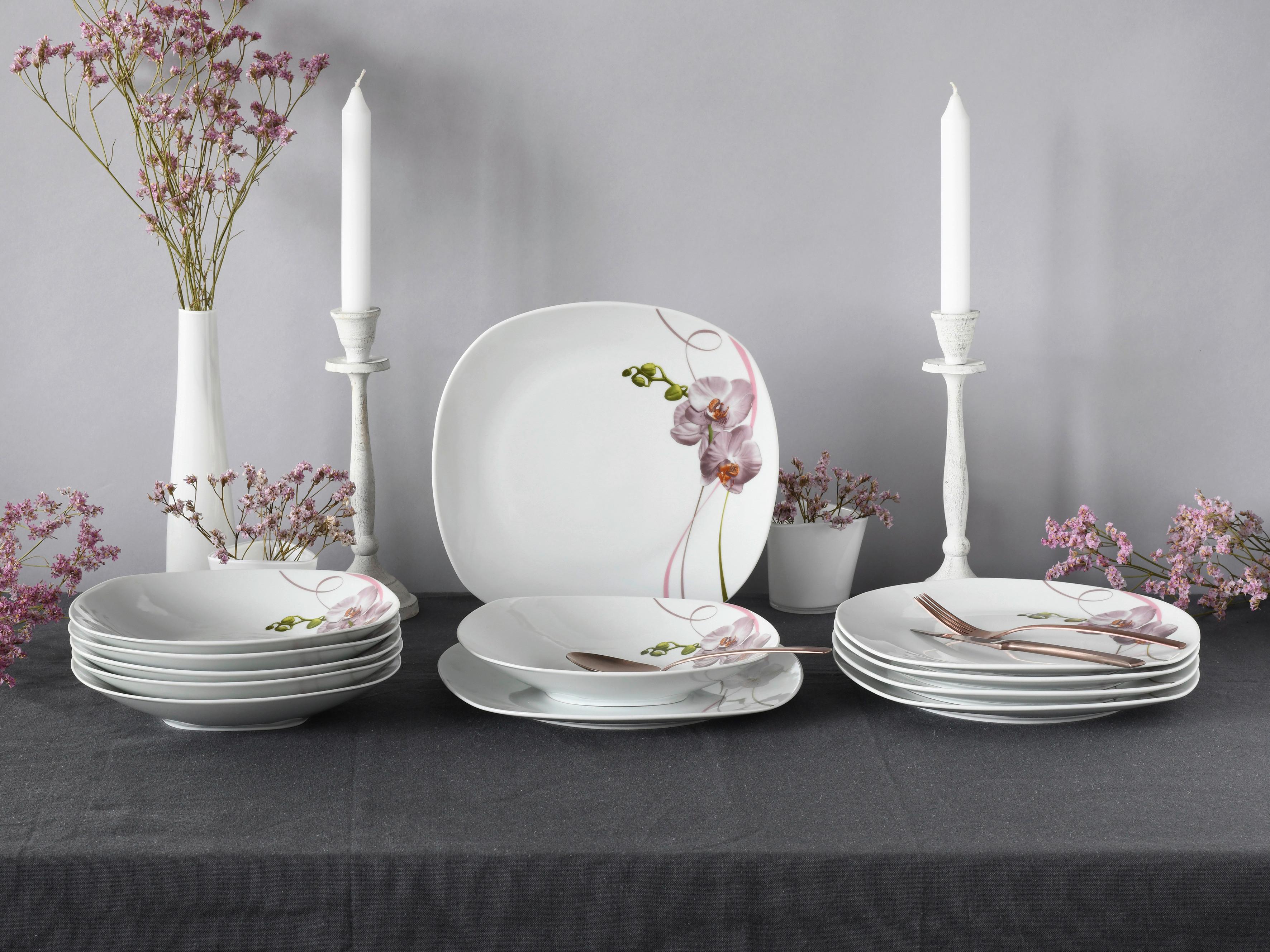 Tafelservice Square Orchidee Rosa/Weiß, 12-teilig - Rosa/Weiß, Trend, Keramik - Creatable