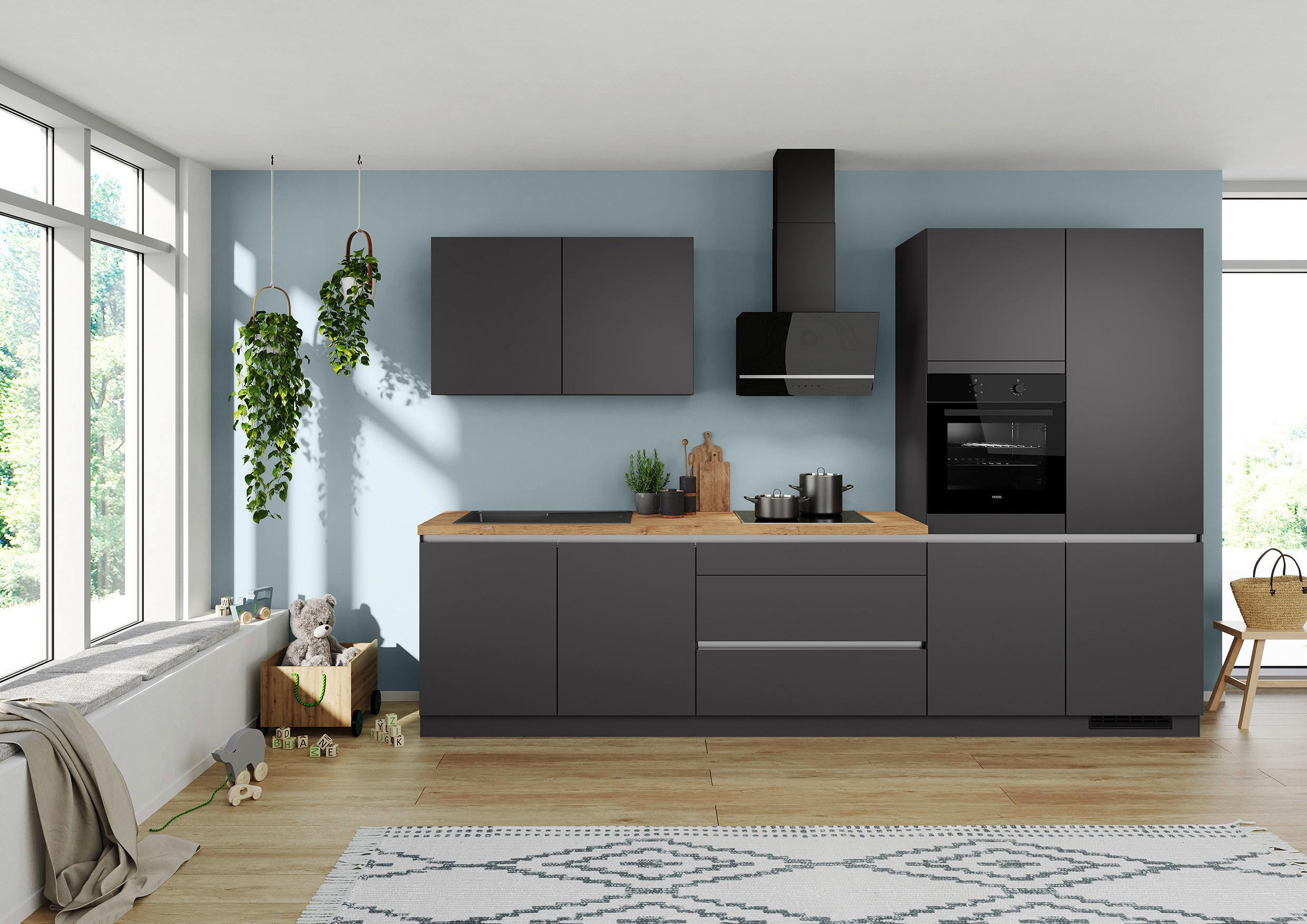 Küchenblock IBC ohne Geräte ca. 340 cm Dunkelgrau - Edelstahlfarben/Eichefarben, Design, Holzwerkstoff/Metall (340cm) - Impuls