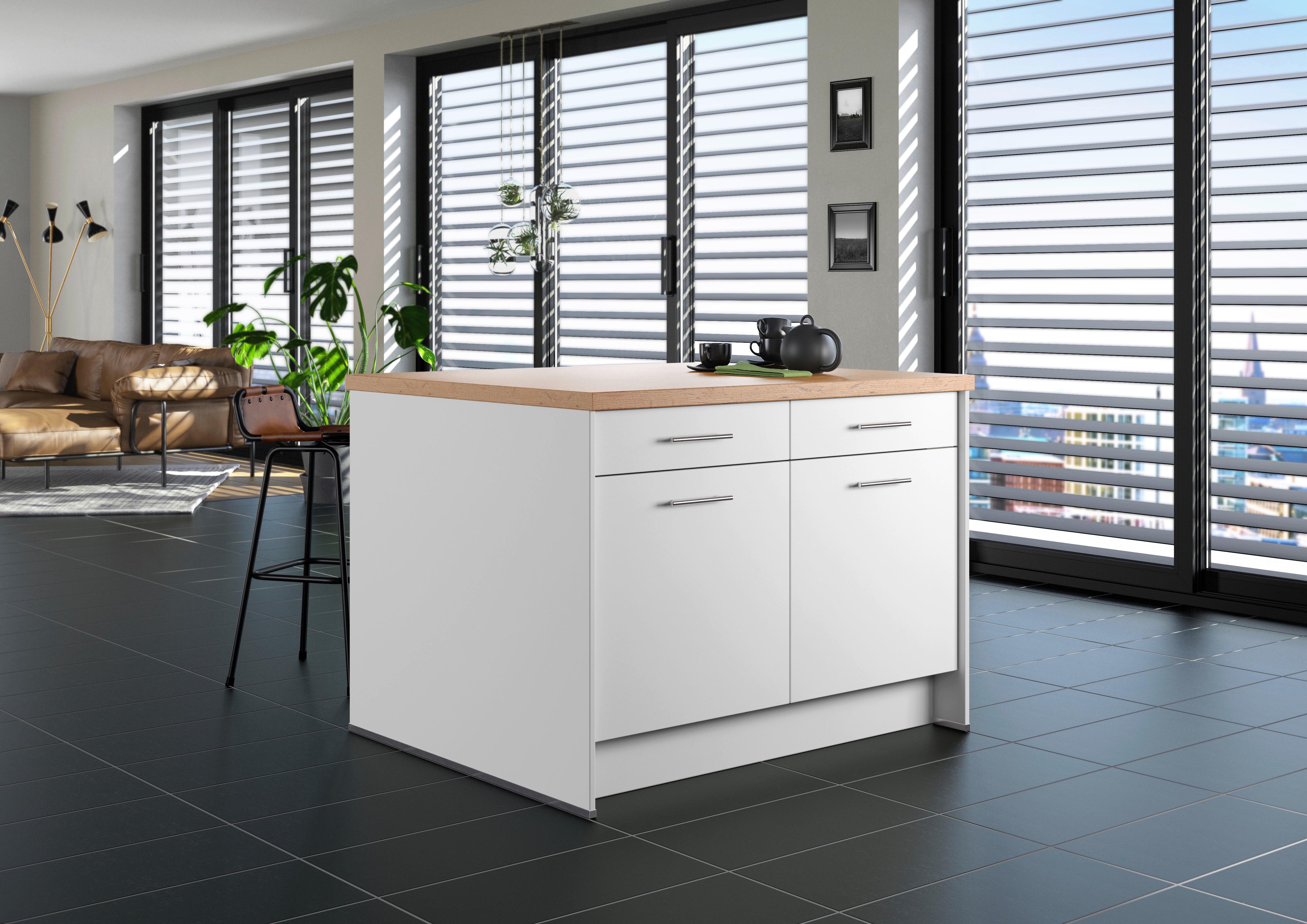 Kücheninsel IP1200 o. Geräte Weiß - Edelstahlfarben/Eichefarben, Basics, Holzwerkstoff/Metall (123,4/91,8/96,6cm) - Impuls