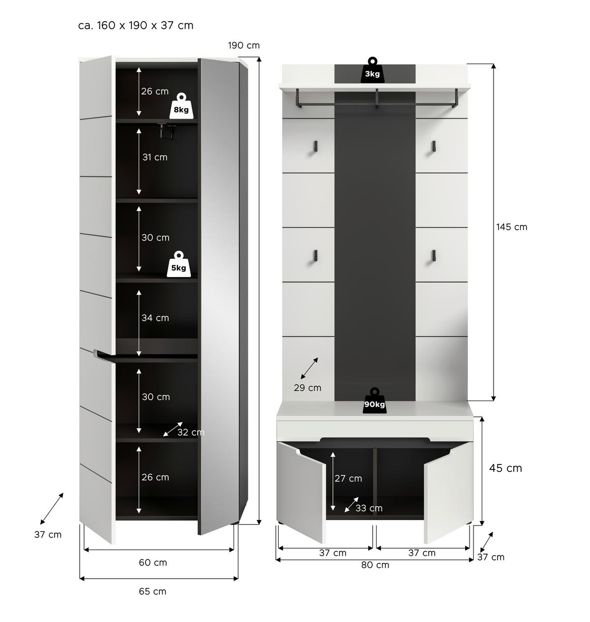 Predsoba Canu, Bela, Siva, 3-Delna - siva/bela, Basics, leseni material (160/190/37cm) - Livetastic