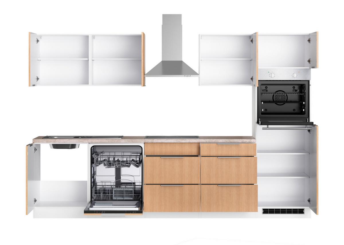 Küchenblock Glasgow m. Geräten Weiß/Eichefarben - Eichefarben/Beige, LIFESTYLE, Holzwerkstoff/Metall (300cm) - Held