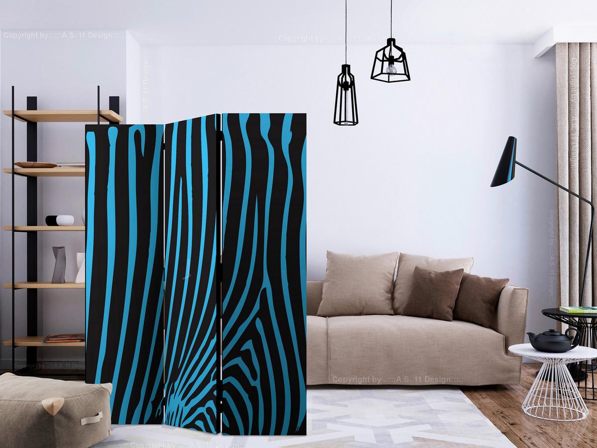 Paravan Zebra Pattern, 3-Delni, Dvostranski - modra/črna, Basics, tekstil/les (135/172/3cm) - artgeist