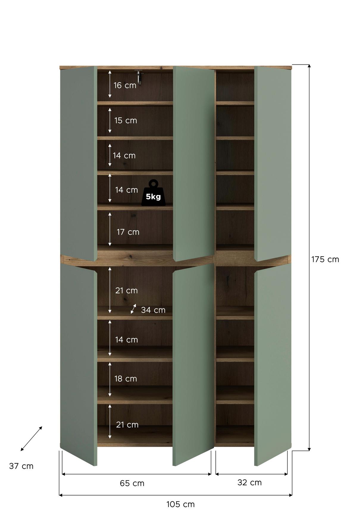 Garderobenschrank Scarpa Graugrün/Eiche - Eichefarben/Schwarz, Design, Holzwerkstoff/Kunststoff (105/175/37cm) - Livetastic