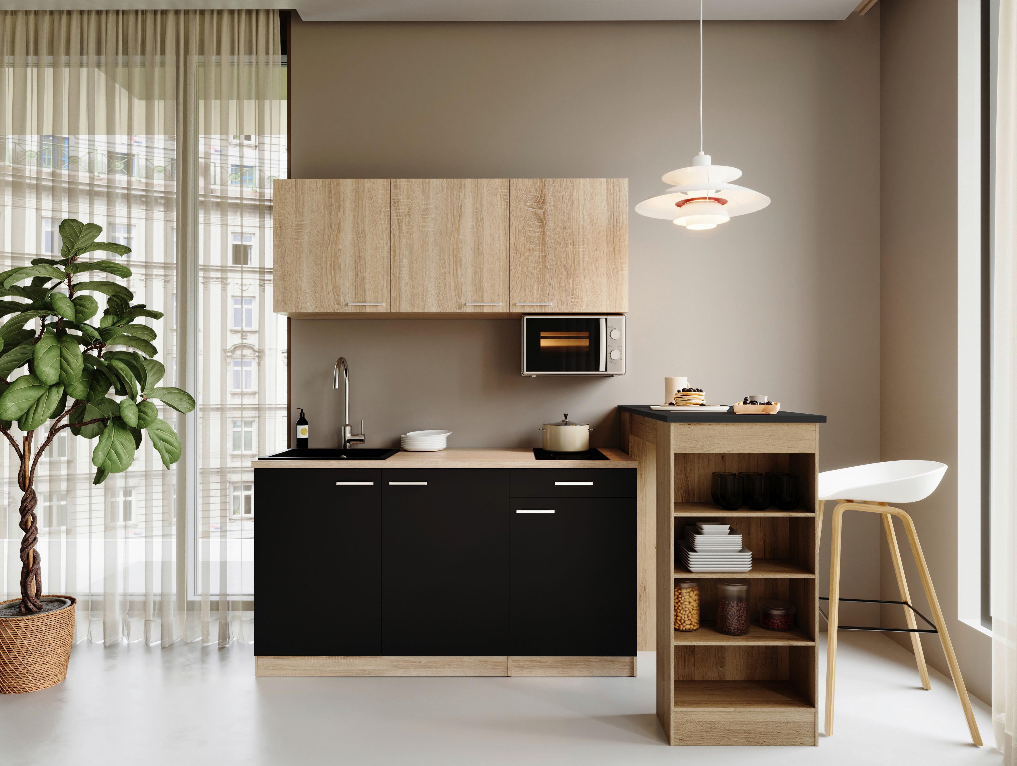 Miniküche Ingrid m. Geräten ca. 150cm Schwarz - Eichefarben/Schwarz, Design, Holzwerkstoff/Kunststoff (150cm) - Respekta