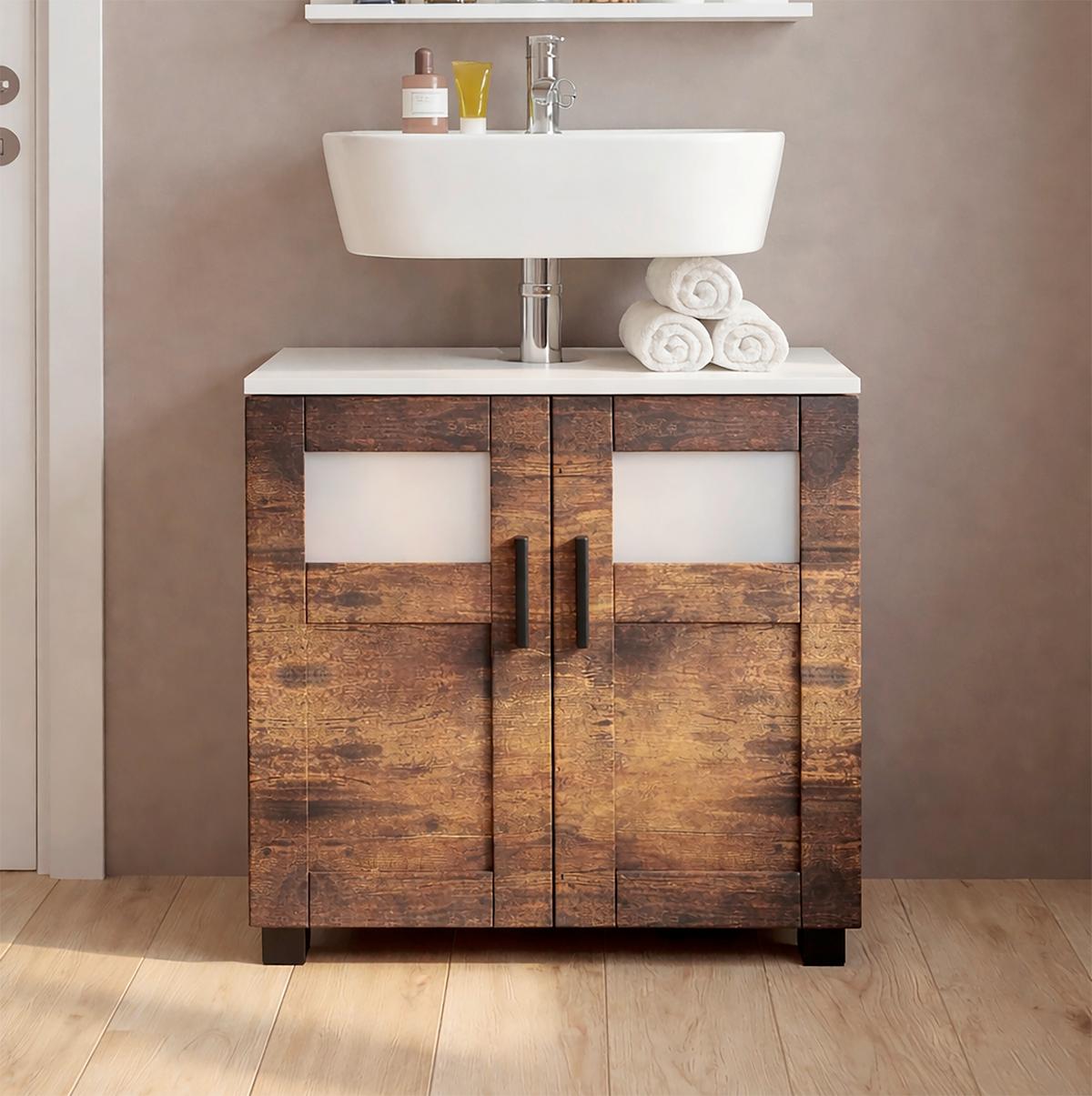 Waschbeckenunterschrank Nilari - Weiss/Eichefarben, Trend, Glas/Holzwerkstoff (60/60/29cm) - MID.YOU
