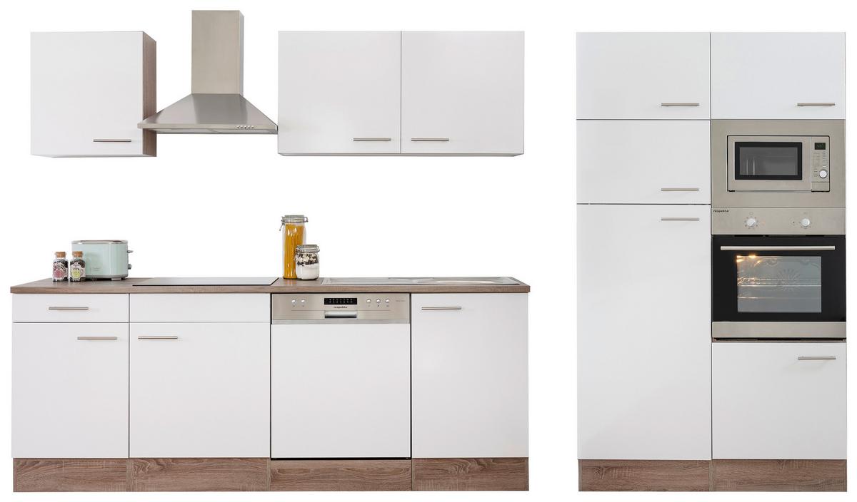 Küchenzeile Economy o. Geräte Weiß/Eiche Dekor B: ca. 340 cm - Edelstahlfarben/Eichefarben, Basics, Holzwerkstoff/Metall (340cm) - Respekta