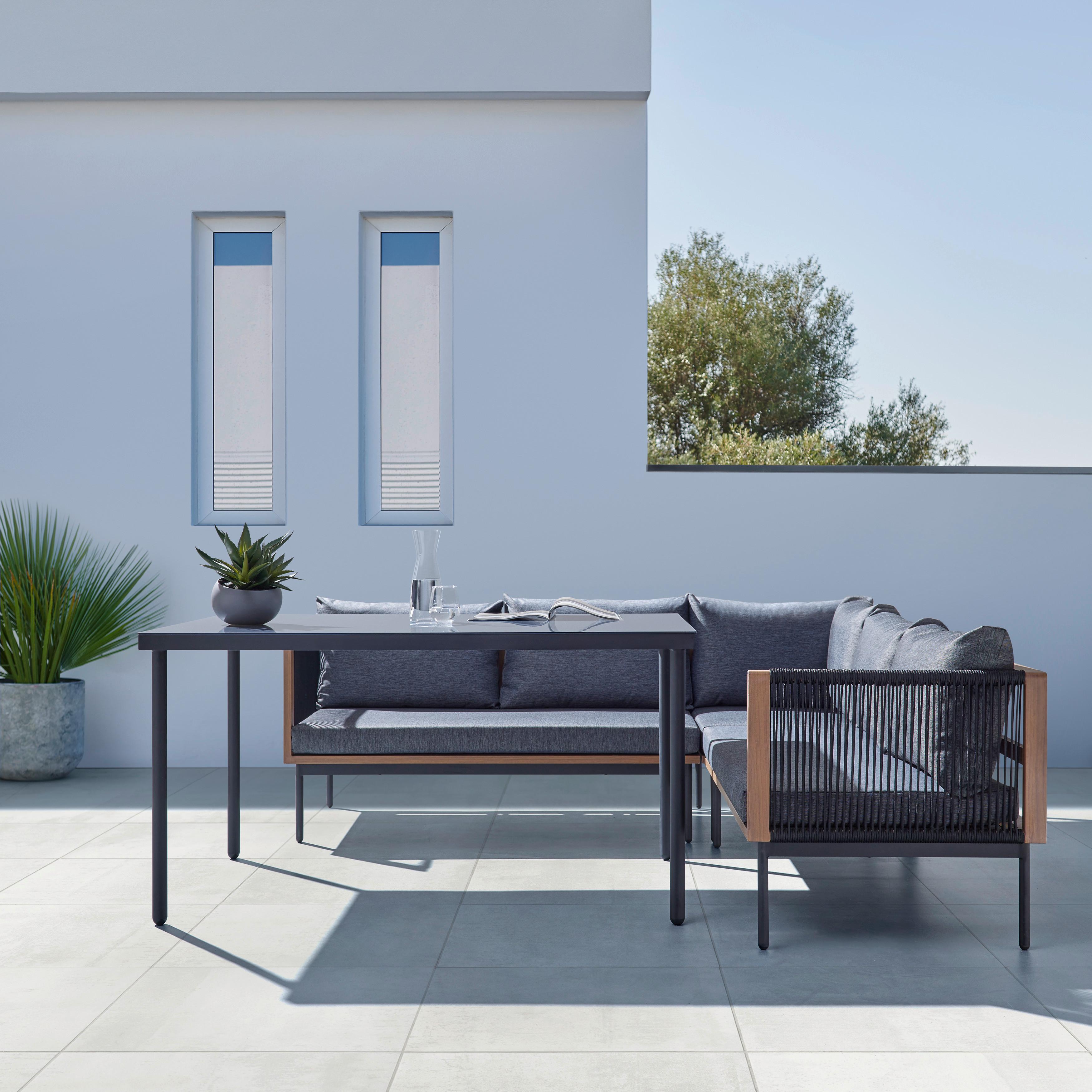 Dining-Loungeset Bella Outdoorstoff/Metall/Glas - Dunkelgrau/Schwarz, MODERN, Glas/Kunststoff (203/66/77cm) - Bessagi Garden