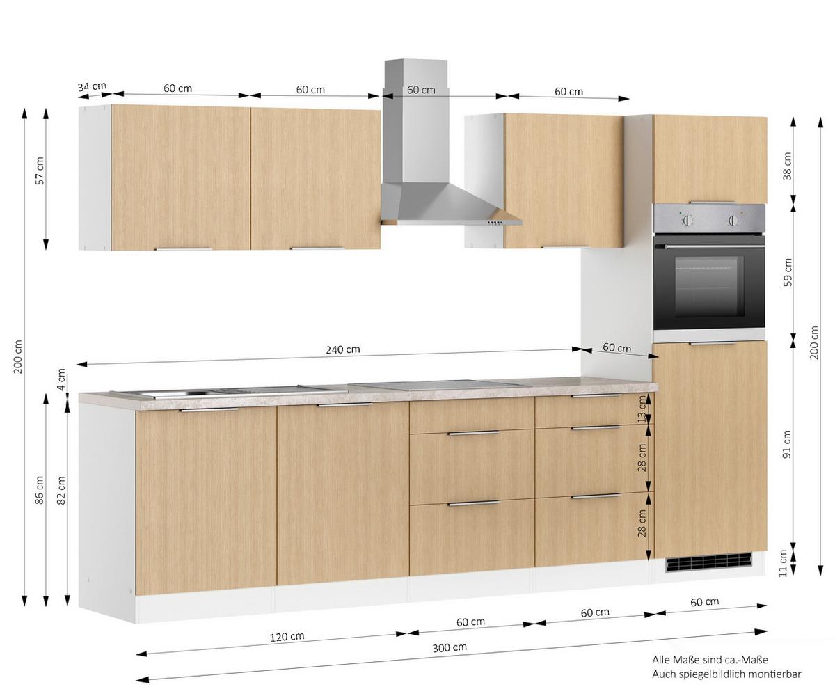 Küchenblock Glasgow m. Geräten Weiß/Eichefarben - Eichefarben/Beige, LIFESTYLE, Holzwerkstoff/Metall (300cm) - Held