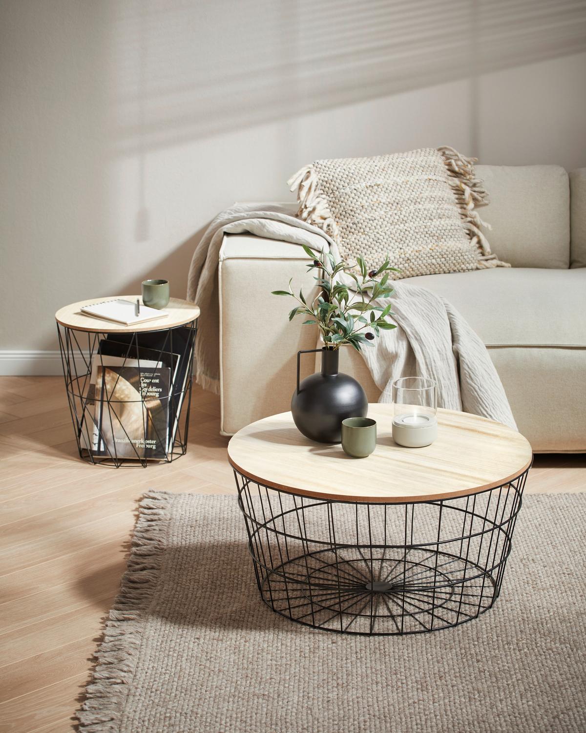 STOLIK BOCZNY 919281 - kolor naturalny/czarny, Design, materiał drewnopochodny/metal (40/40/41cm) - Ambia Home