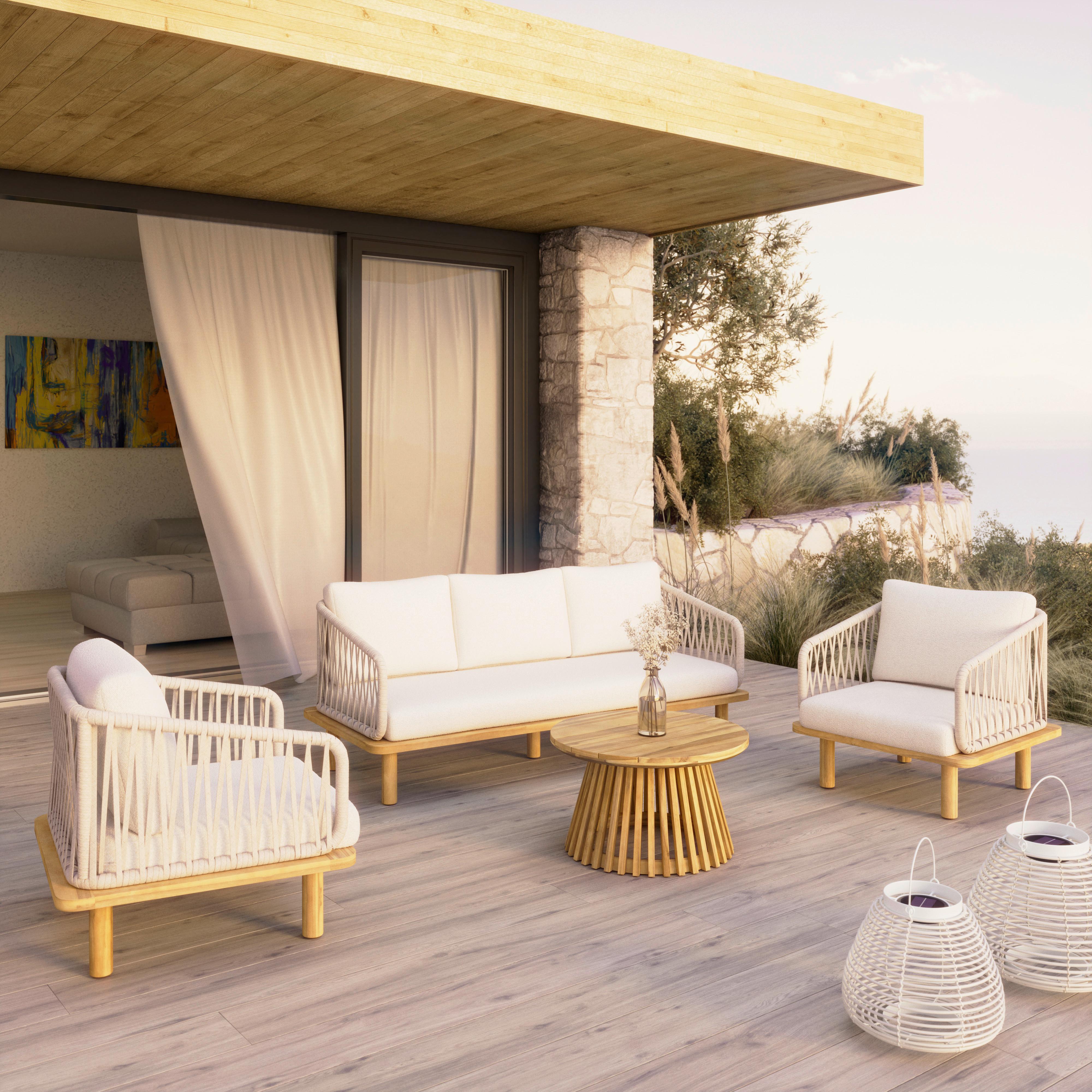 Loungegarnitur Mara Creme Echtholz/Textil/Metall - Weiss/Teakfarben, Modern, Holz/Textil (165/62,5/70cm) - Bessagi Garden