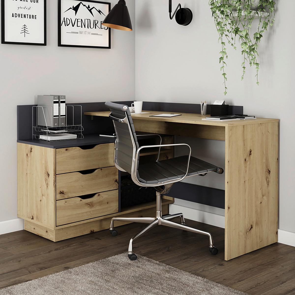 Eckschreibtisch Belfast Anthrazit/Eiche Artisan - Anthrazit/Eiche Artisan, LIFESTYLE, Holzwerkstoff (129/105/84cm) - MID.YOU