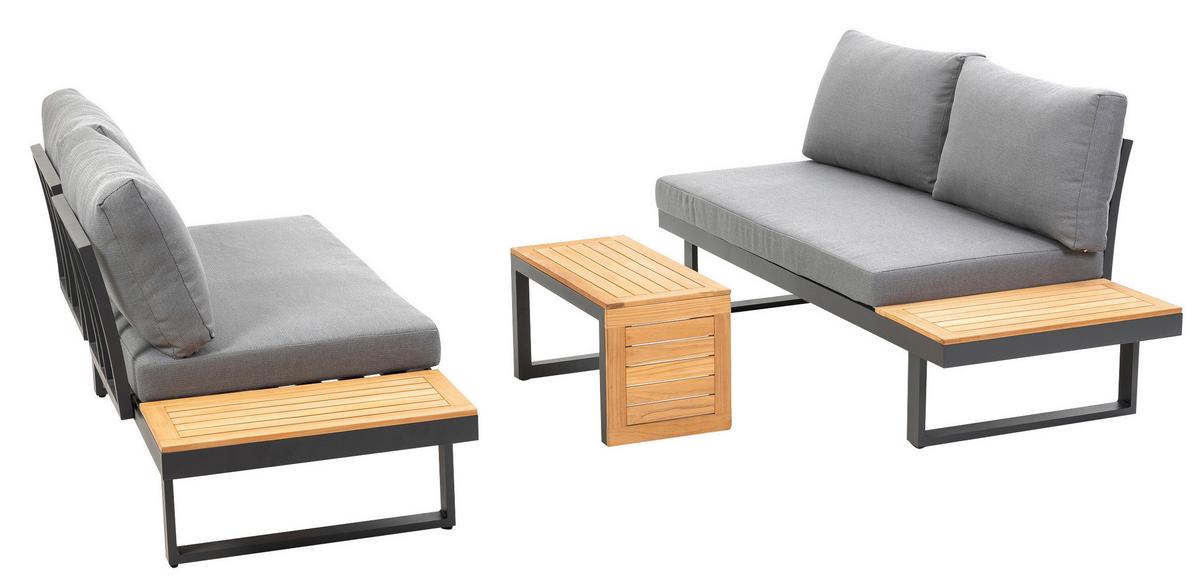 Loungegarnitur 3-tlg. Samara Holz/Metall/Textil mit Kissen - Anthrazit/Grau, Basics, Holz/Textil (253/70/175cm) - Gardenson