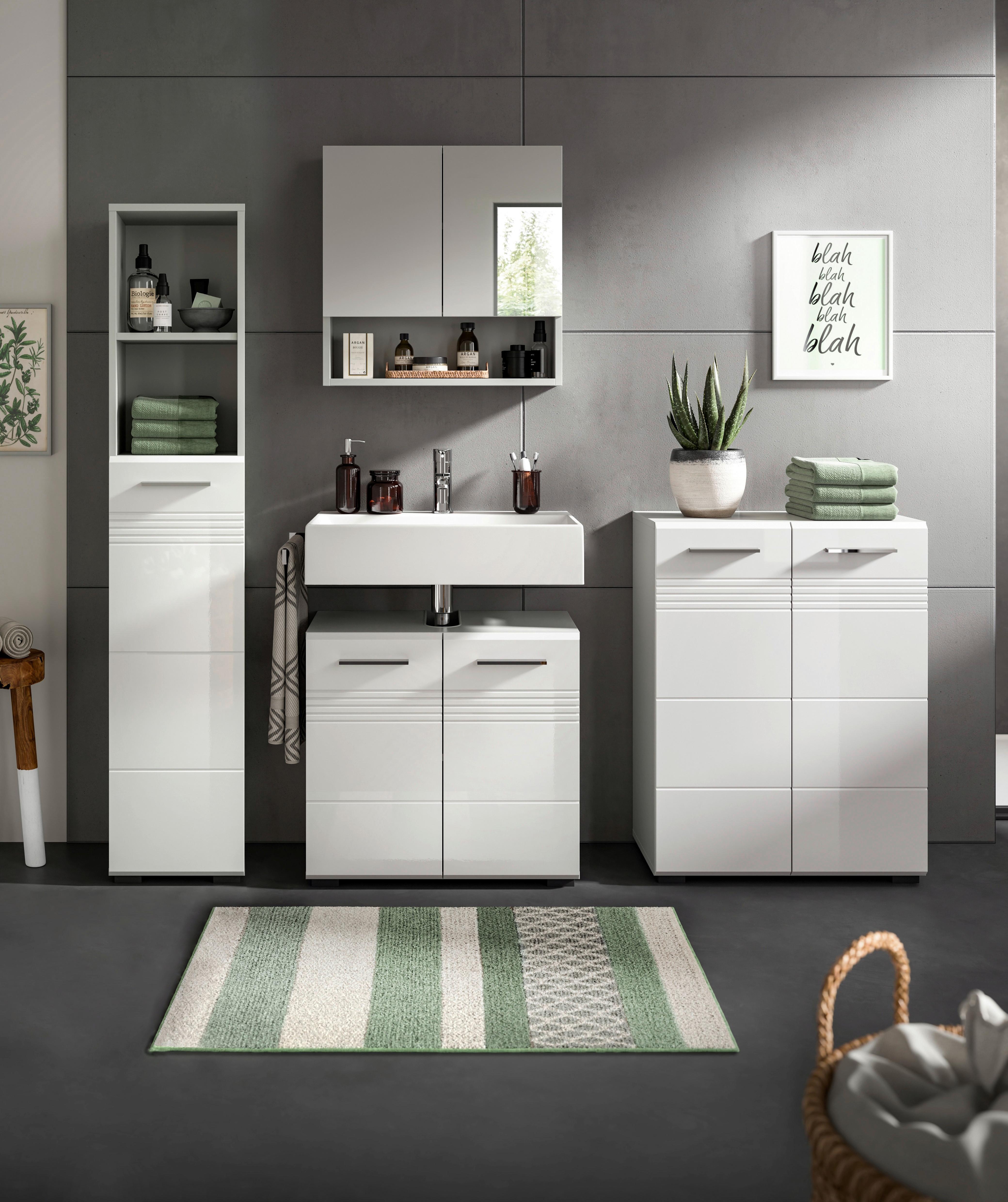 Badezimmer-Set COPA 4-teilg, Grau/Weiß Hochglanz - Chromfarben/Weiß Hochglanz, MODERN, Holzwerkstoff/Kunststoff (150cm) - MID.YOU